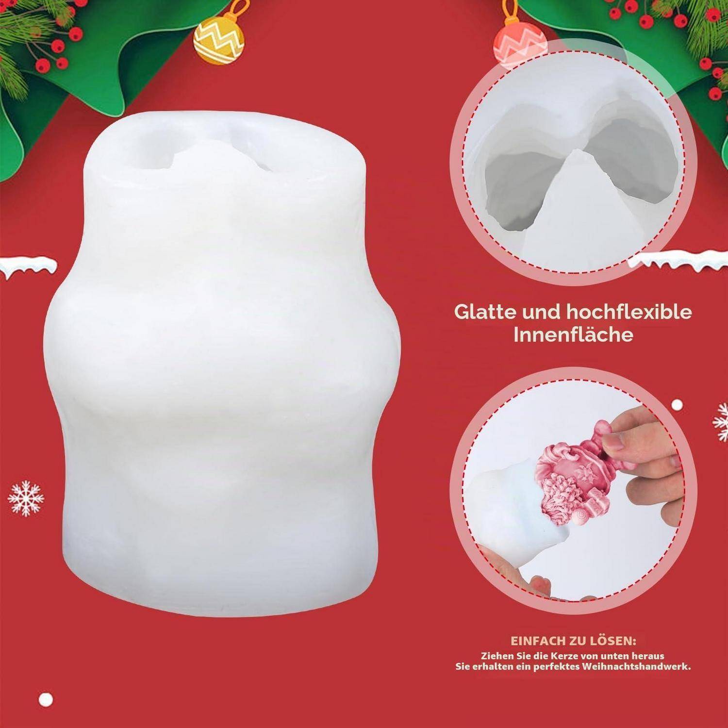 Weiße flexible Silikonform zum Herstellen eines Weihnachtsbastelwerks, gezeigt mit Nahaufnahmen des glatten Inneren und der leichten Entformung des fertigen Schmucks.