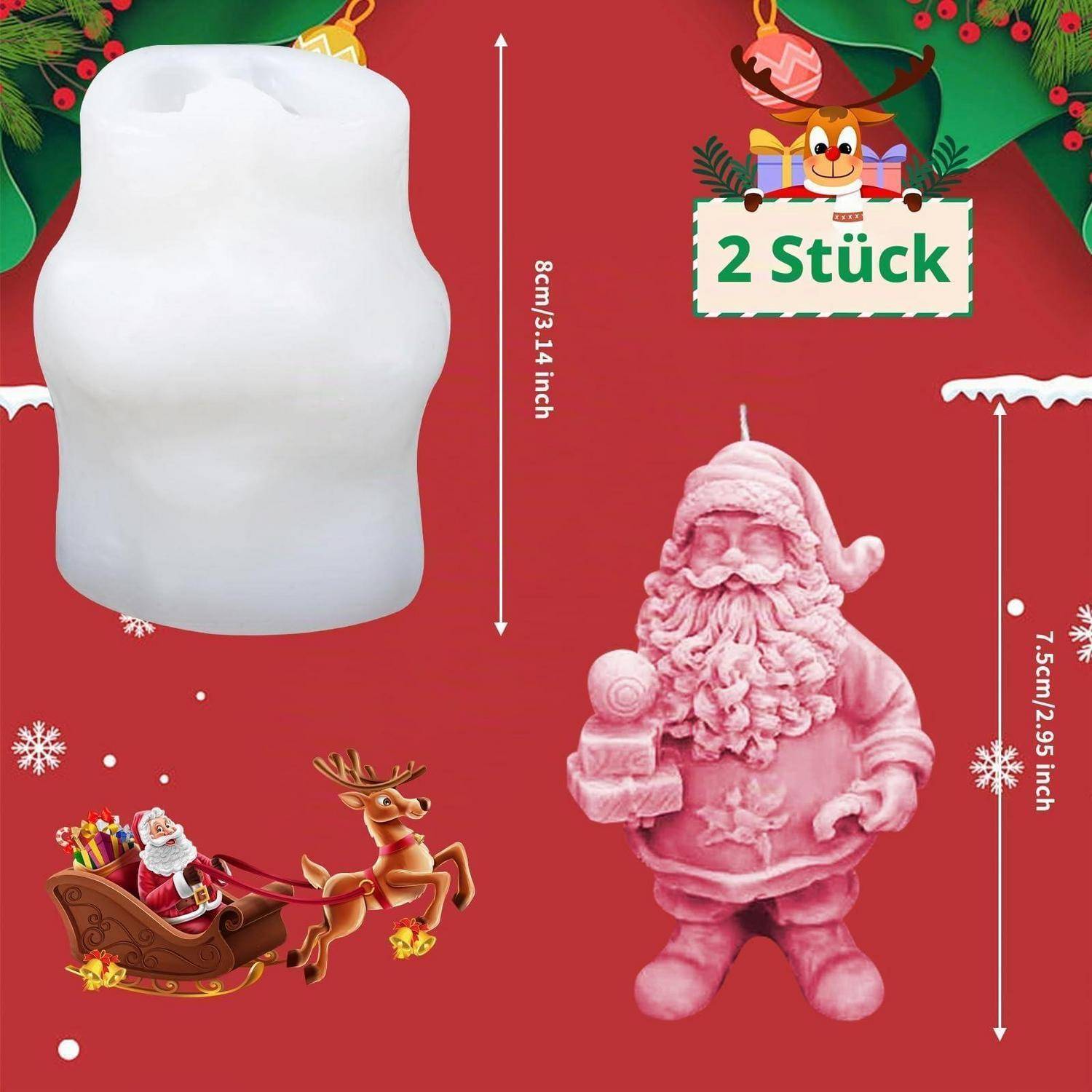 Weihnachtsform-Set mit zwei Formen gezeigt: eine 5,14 Zoll große Weihnachtsmann-förmige Figur und eine 8 cm Form, mit der Bezeichnung „2 Stück" auf rotem Weihnachtshintergrund.