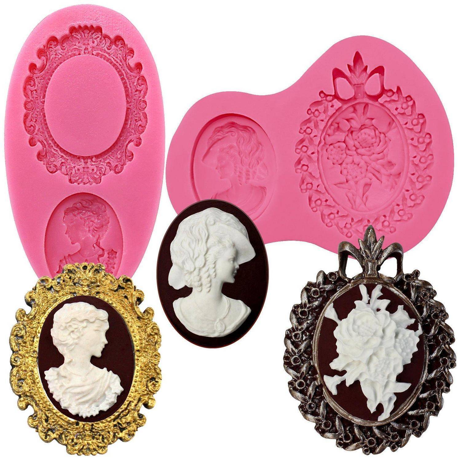 Assortierte ovale Silikonformen und Cameo-Schmuckstücke in Rosa, Gold, Braun und Schwarz mit aufwendigen Porträt- und Blumenrelief-Designs.