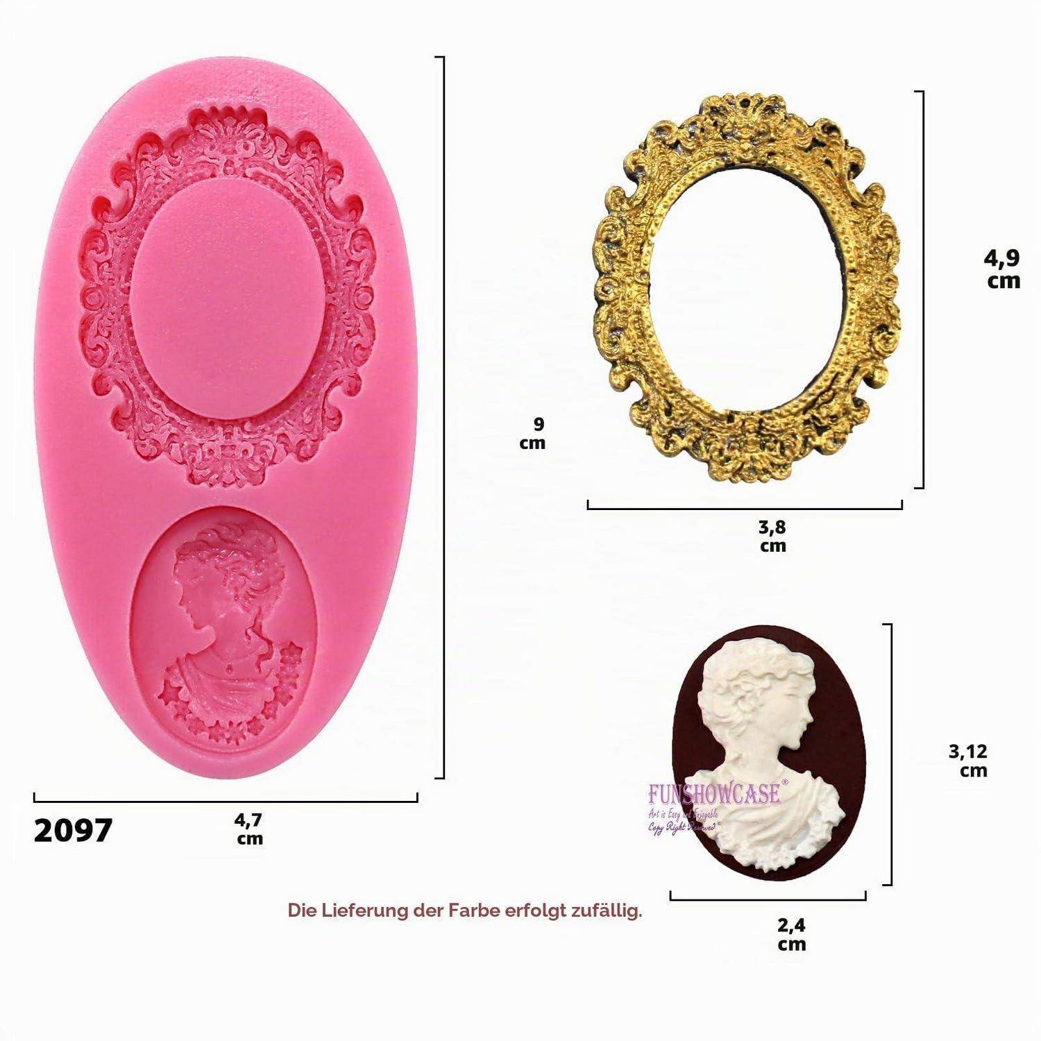 Produktbild von drei Kamee-Stil-Formen/Cabochon-Formen: eine große rosa ovale Form mit zwei erhabenen Porträt-Ovals, ein goldfarbener verzierter ovaler Rahmen und ein kleines dunkles Kamee-Medaillon, jeweils mit Abmessungen in cm angezeigt.