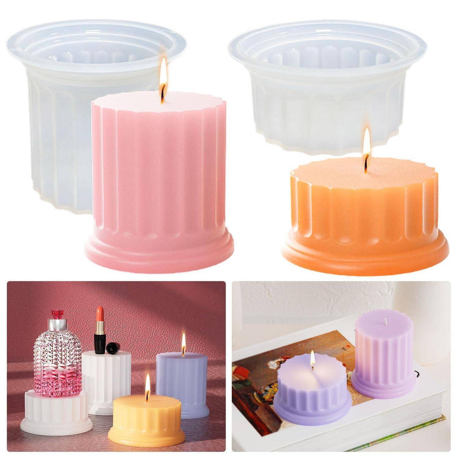 Collage aus pastellfarbenen gerillten Säulenkerzen in wiederverwendbaren becherförmigen Formen, abgebildet angezündet in rosa, orange, lavendel- und gelben Anordnungen.