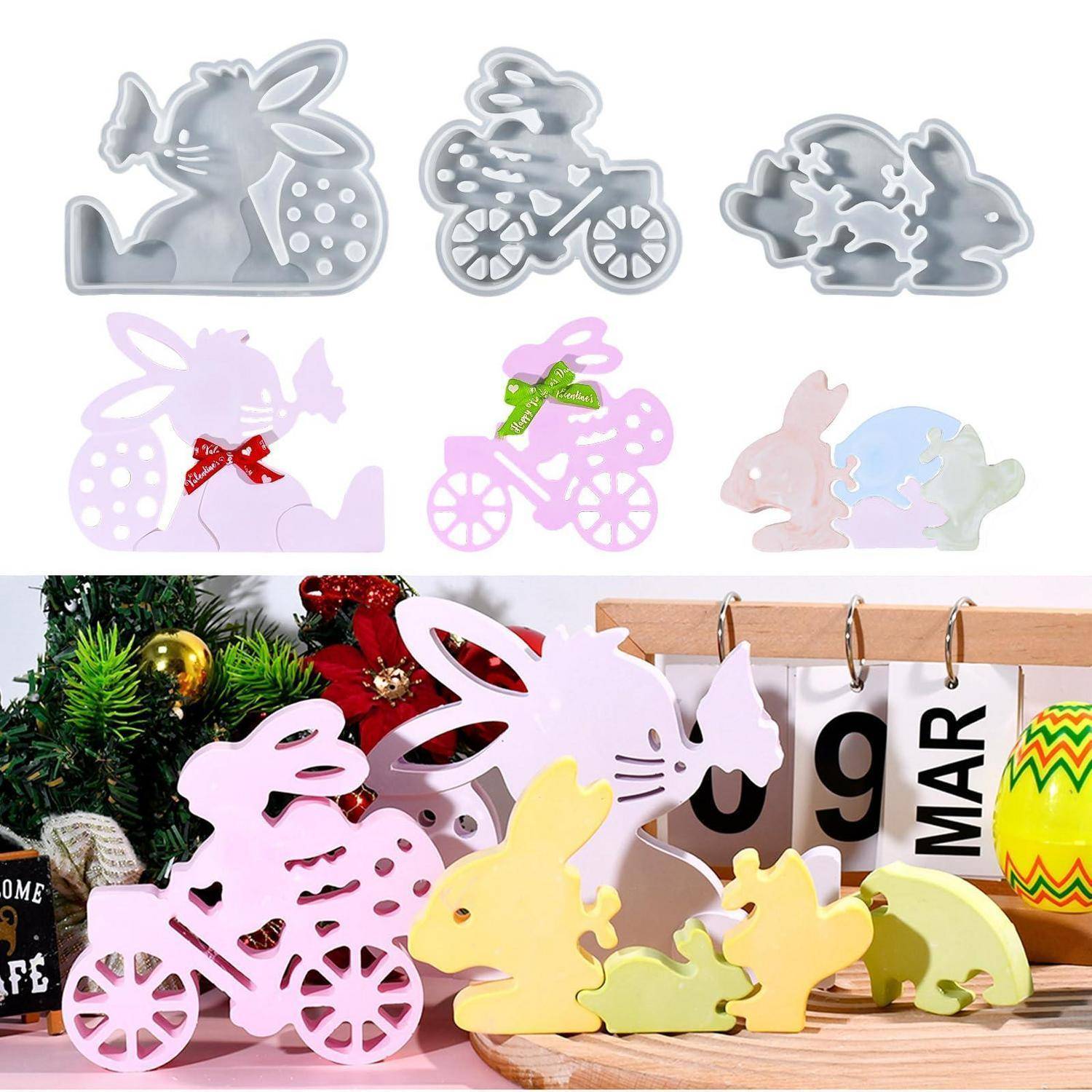 Sortierte dekorative hasenförmige Ausschnitte in Pastellfarben und Metallformen, einige mit Schleifen oder Fahrraddesigns, arrangiert mit Frühlings- und Osterdeko.