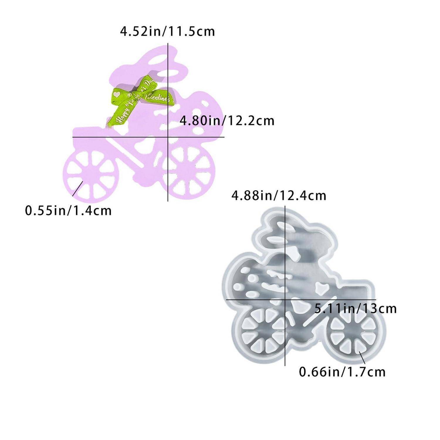Zwei fahrradförmige Handwerksmesser, dargestellt mit Größenmessungen: lila 4,52 x 4,80 x 0,55 Zoll und grau 4,88 x 5,11 x 0,66 Zoll.