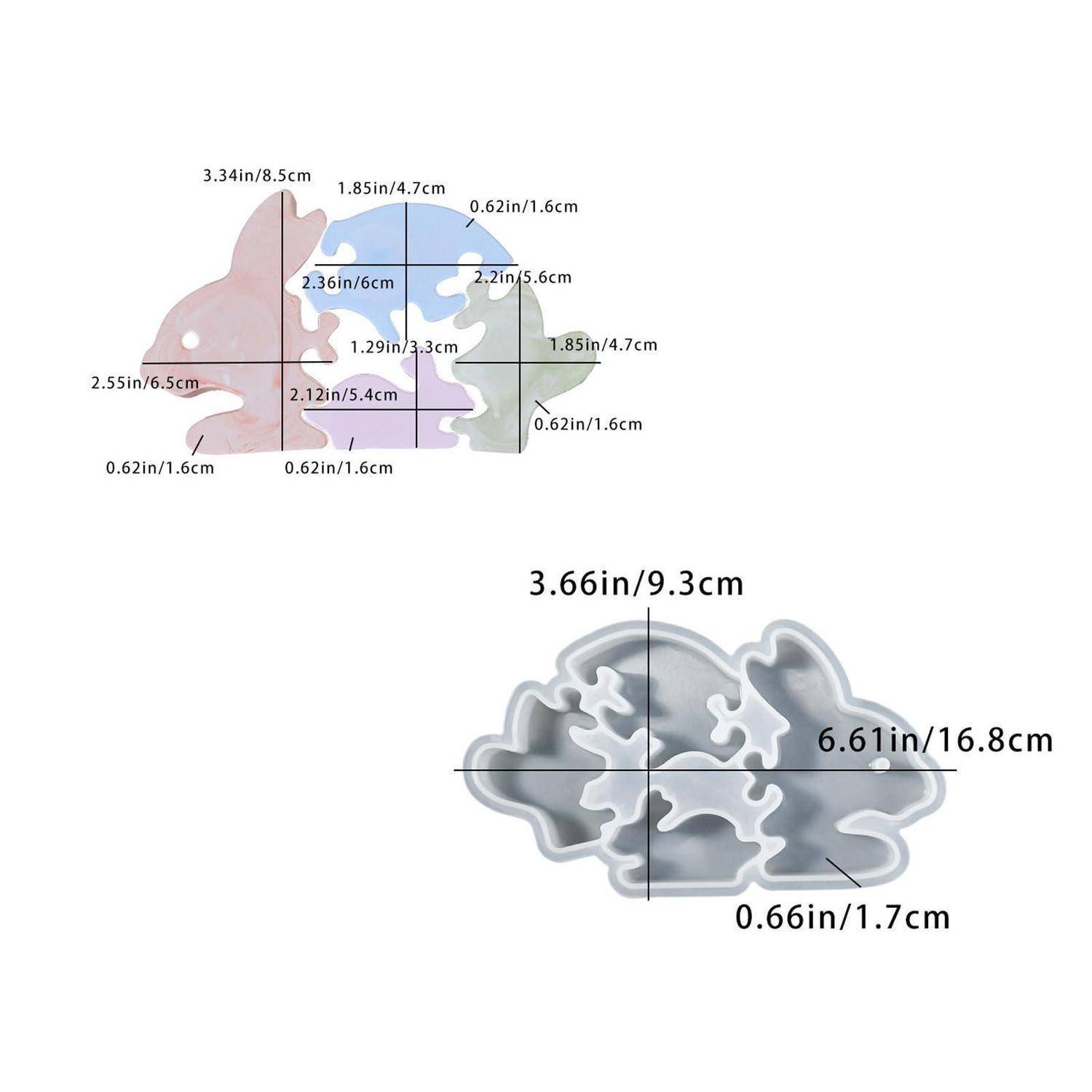 Zwei Seitenansichtsmessungen eines geschichteten Kaninchen-förmigen Puzzles: Oben sind drei Pastellteile mit gekennzeichneten Abmessungen dargestellt; unten zeigt die zusammengesetzte graue Kaninchensilhouette mit Größenangaben von 3,66 Zoll mal 6,61 Zoll.