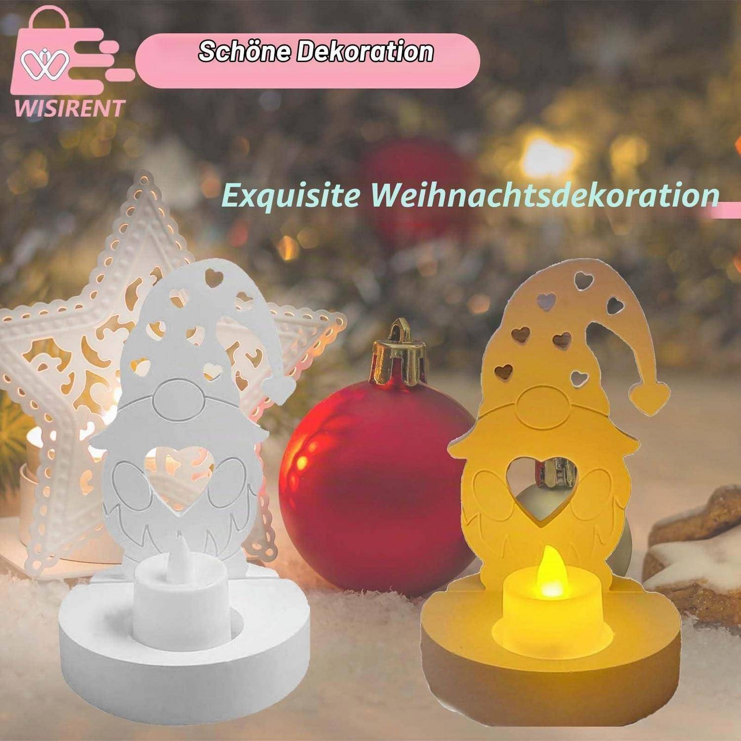 Produktfoto von zwei dekorativen Metall-Weihnachtszwerg-Kerzenhaltern, einer in Weiß und einer in Gelb, mit Herzausschnitten und Teelichtern in einer festlichen Weihnachtsumgebung.