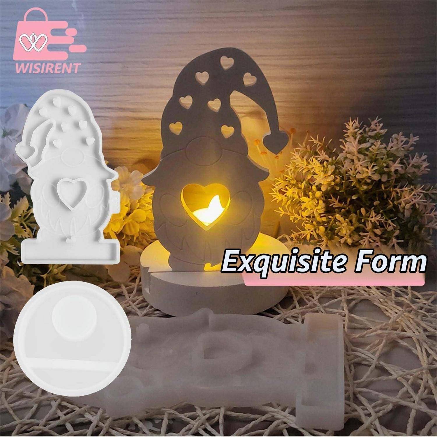 Produktabbildung einer dekorativen Weihnachtsmann-förmigen Lampenform, die die fertige leuchtende Figur und die weiße Silikonform zeigt, mit dem Text „Exquisite Form".