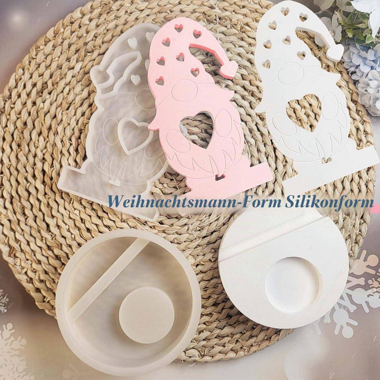 Weihnachtszwerg-förmige Silikonformvorlagen in Klar, Rosa und Weiß, gezeigt mit fertigen runden Formen auf einer gewebten Matte; Der Text lautet „Weihnachtsmann-Form Silikonform".