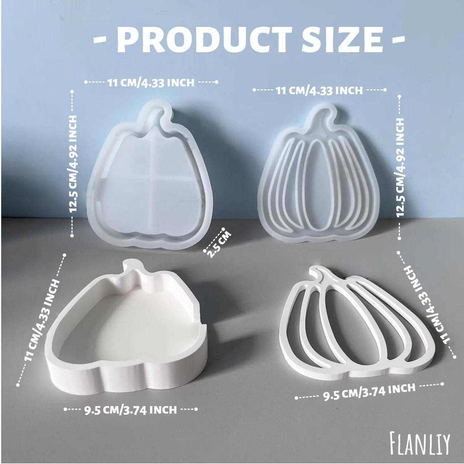 Größentabelle für Produkte mit vier kürbisförmigen Silikonformen in zwei Ansichten, beschriftet mit 11 cm Breite, 12,5 cm Höhe, 9,5 cm Tiefe und 2,5 cm Dicke.