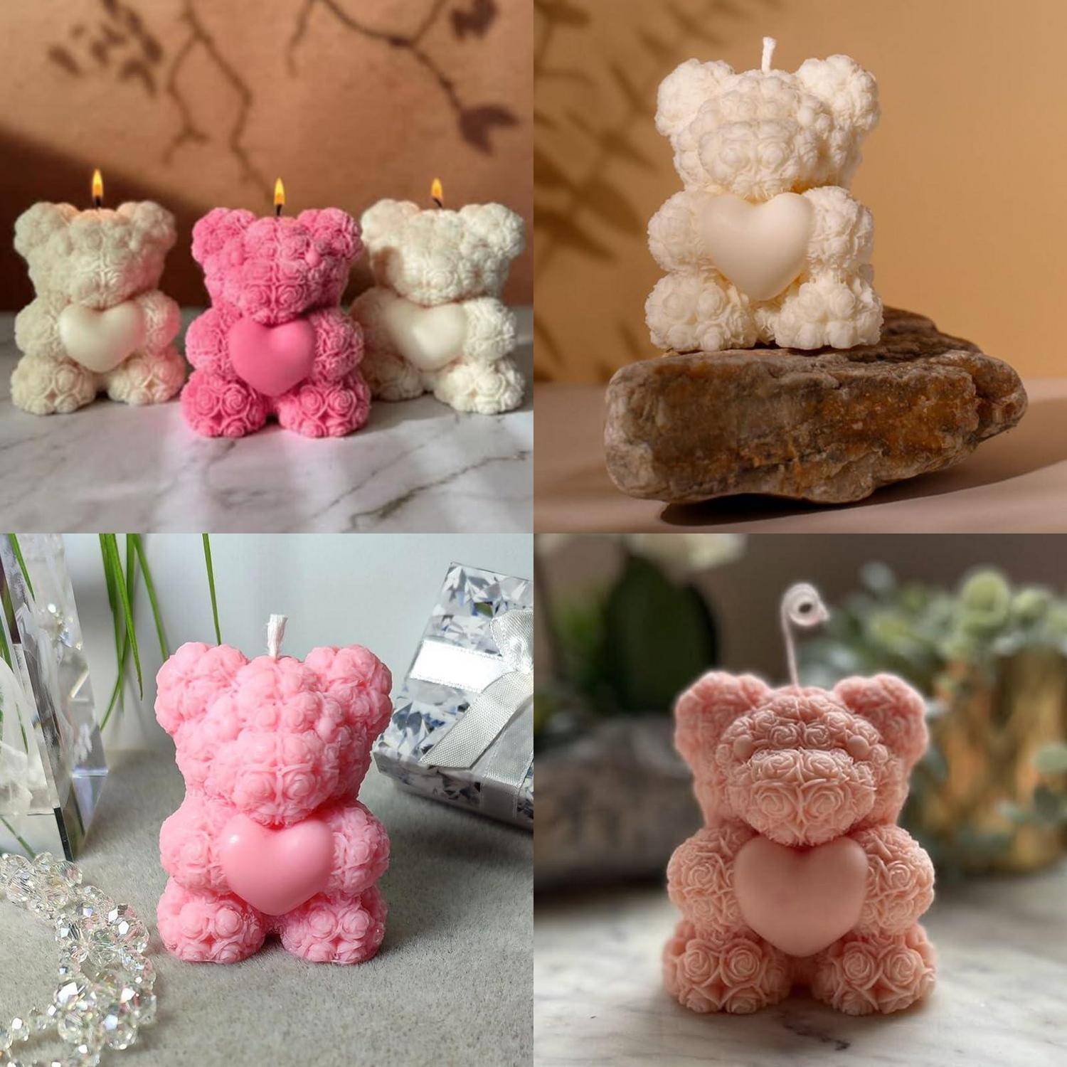 Collage aus teddybärförmigen Kerzen in Weiß, Rosa und Pfirsich, die jeweils ein Herz halten, ausgestellt auf dekorativen Oberflächen.