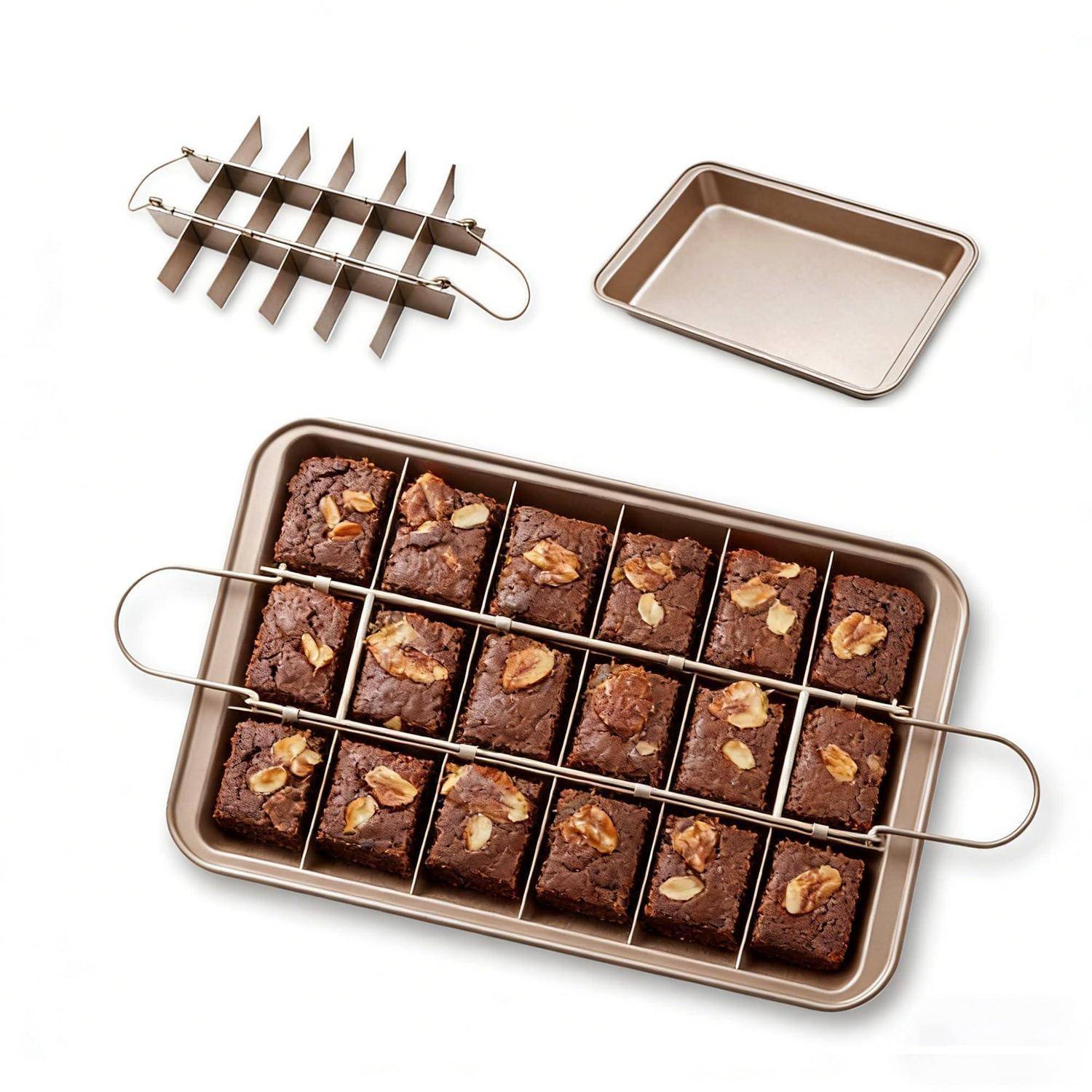 Brownie-Backform mit abnehmbaren Trennstegen und eine Kastenform, die Brownies in gleichmäßige Quadrate geschnitten in einem Backblech zeigen.