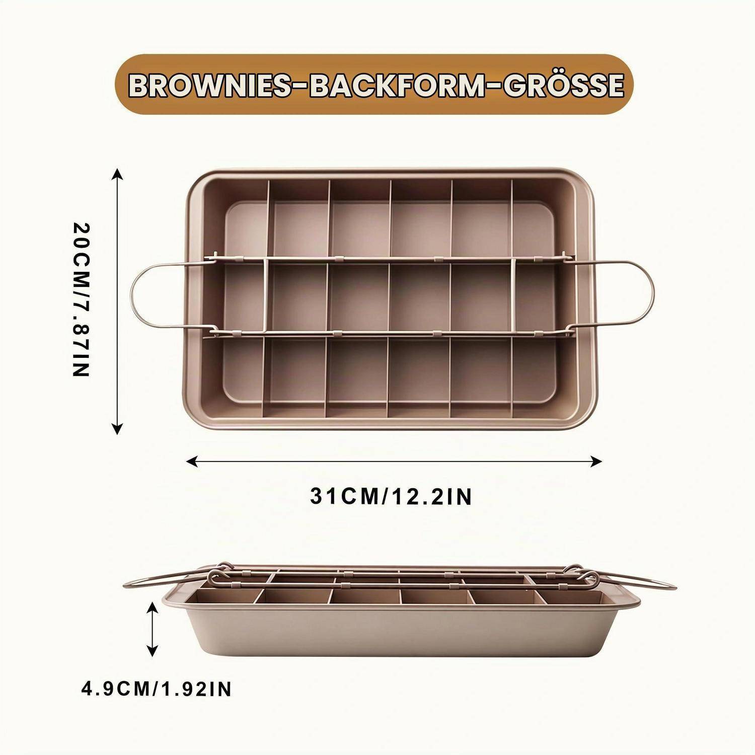 Produktgrößendiagramm einer Brownie-Backform mit Rost, beschriftet 31 cm x 20 cm x 4,9 cm (12,2 x 7,87 x 1,92 Zoll).