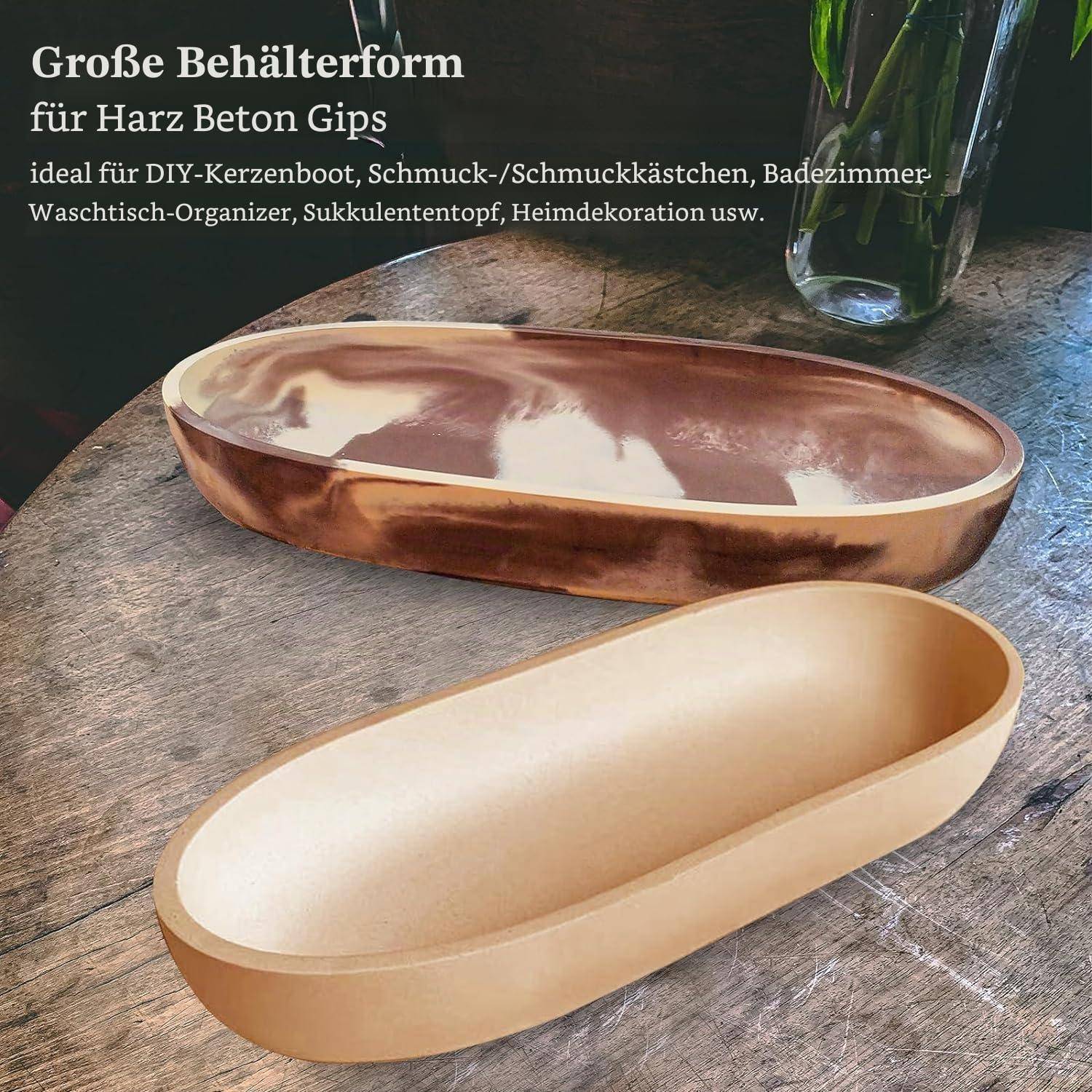 Zwei ovale Tablett-Formen für Harz, Beton oder Gips auf einem Holztisch, mit deutschem Text, der eine große Formform für DIY-Deko und Organizer bewirbt.
