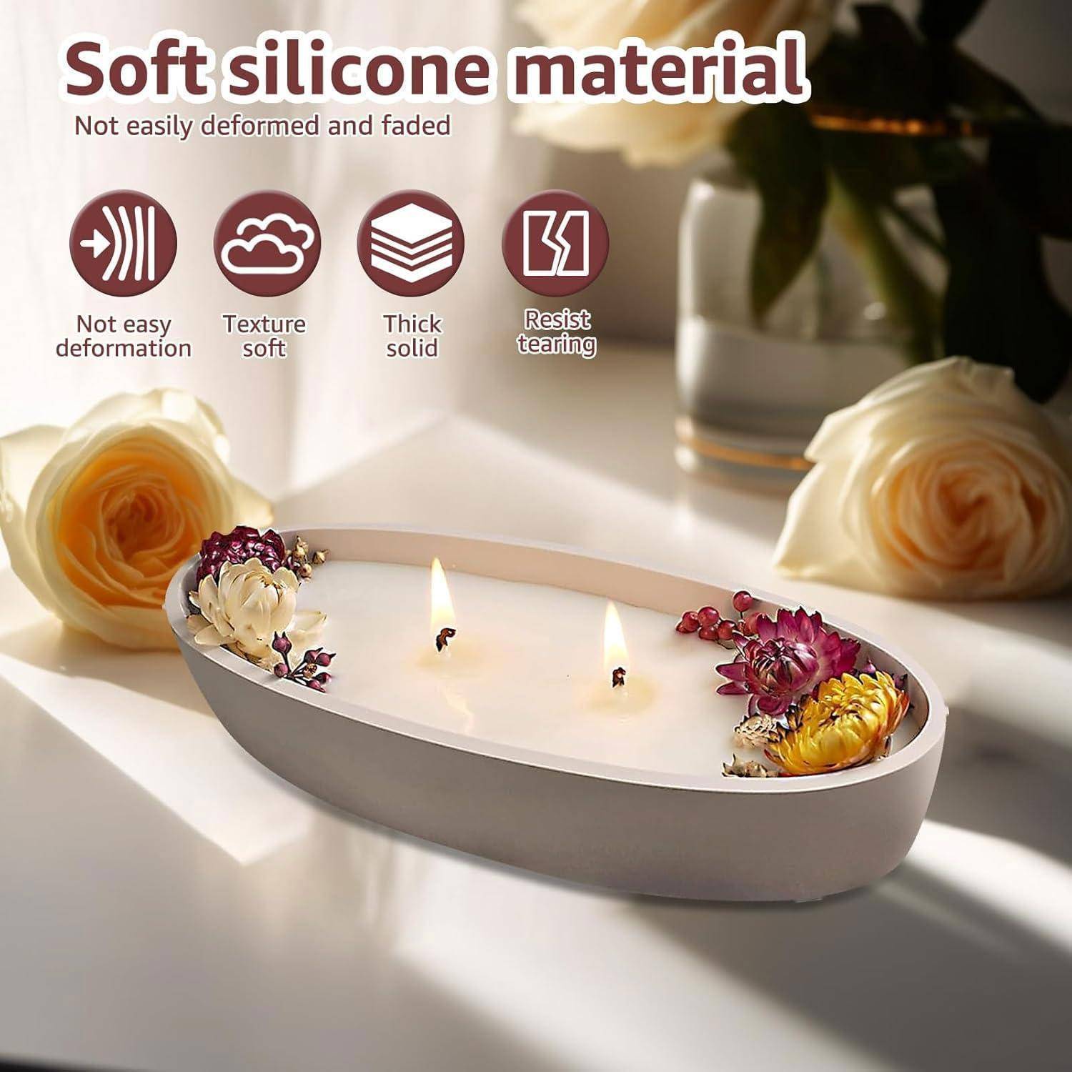 Ovales Silikon-Kerzenablage mit zwei brennenden Kerzen und Blumen; Text besagt „weiches Silikonmaterial" und hebt Haltbarkeit, Weichheit, Dicke und Reißfestigkeit hervor.