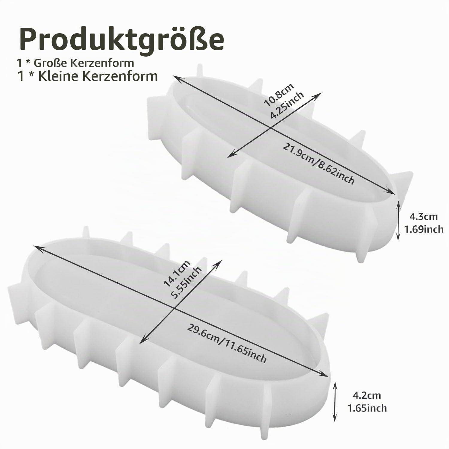 Produktgrößendiagramm zeigt zwei weiße Kerzenformformen: kleine 21,9 x 10,8 x 4,3 cm und große 29,6 x 14,1 x 4,2 cm.