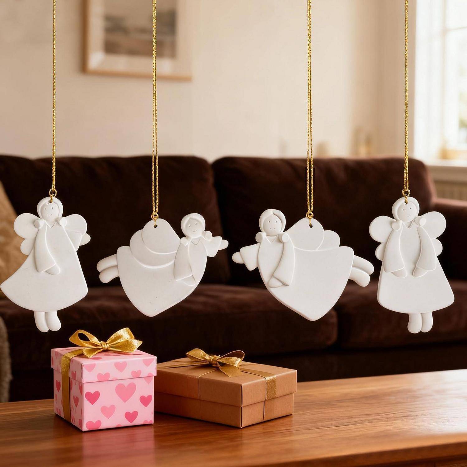Vier weiße Engel-Ornamente hängen über zwei eingepackten Geschenkboxen auf einem Couchtisch in einem Wohnzimmer.