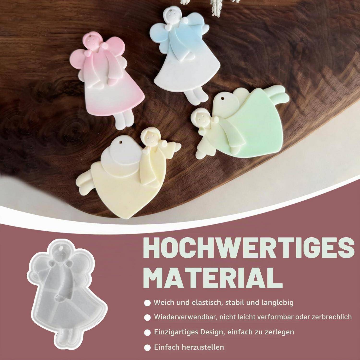 Vier Pastel-Engel-förmige Silikon-Anhänger auf einer Holzoberfläche, mit deutschem Text darunter, der "HOCHWERTIGES MATERIAL"" und Haltbarkeitsfunktionen bewirbt.