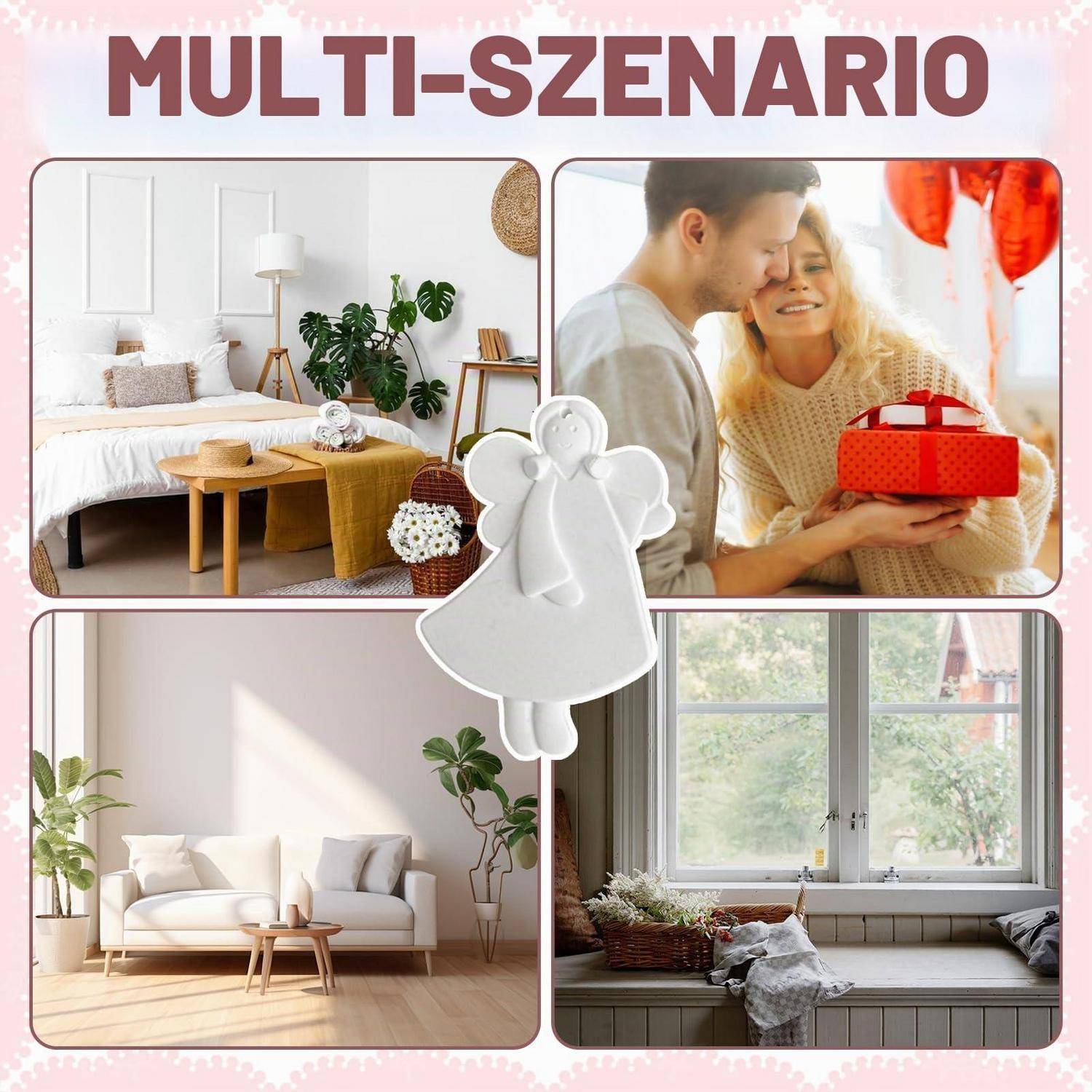Collage mit dem Titel "MULTI-SZENARIO"" mit vier Wohnstil-Szenen: ein Schlafzimmer, ein Paar mit einem Geschenk, ein Wohnzimmer und ein heller Fenstersitz, mit einer dekorativen Engelornament in der Mitte.