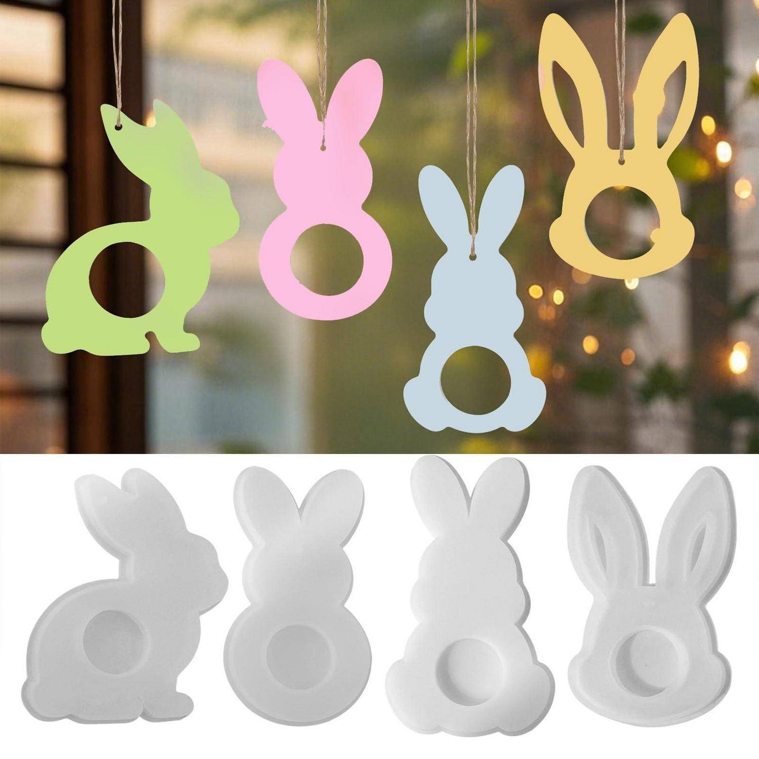 Bunte hasenförmige Aufhänger oder Ornamente in Grün, Rosa, Blau und Gelb, die oben über weißen Versionen desselben Designs gezeigt werden.