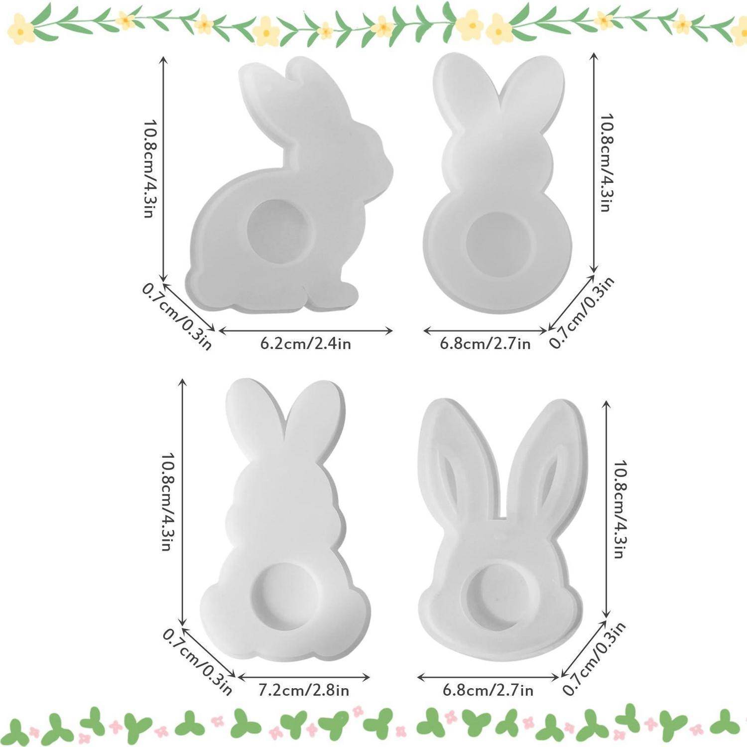 Vier weiße hasenförmige Formen von vorne und von der Seite dargestellt mit beschrifteten Abmessungen von etwa 10,8 cm Höhe und 6,2-7,2 cm Breite.