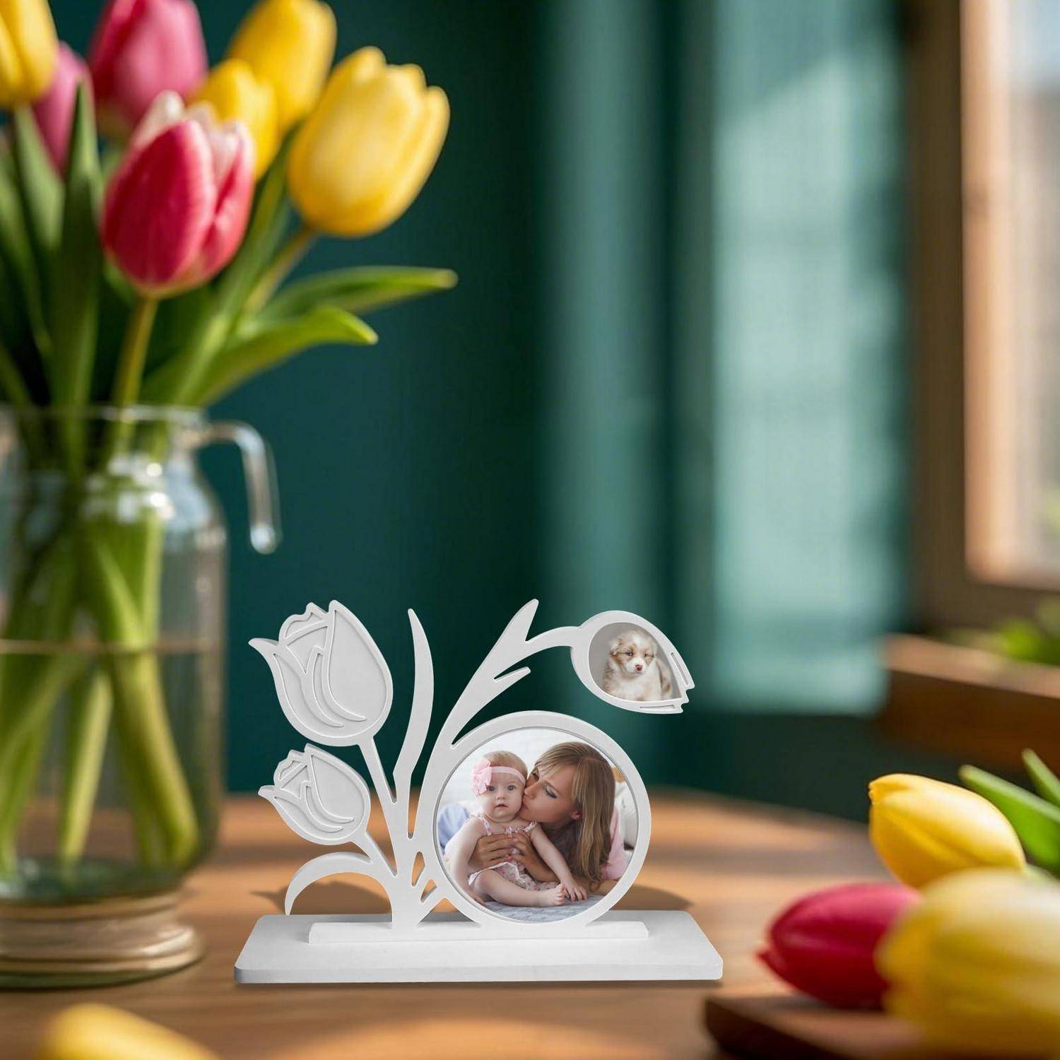 Weißer Blumenbilderrahmen mit zwei Familienfotos auf einem Tisch, mit einer Vase mit roten und gelben Tulpen im Hintergrund.
