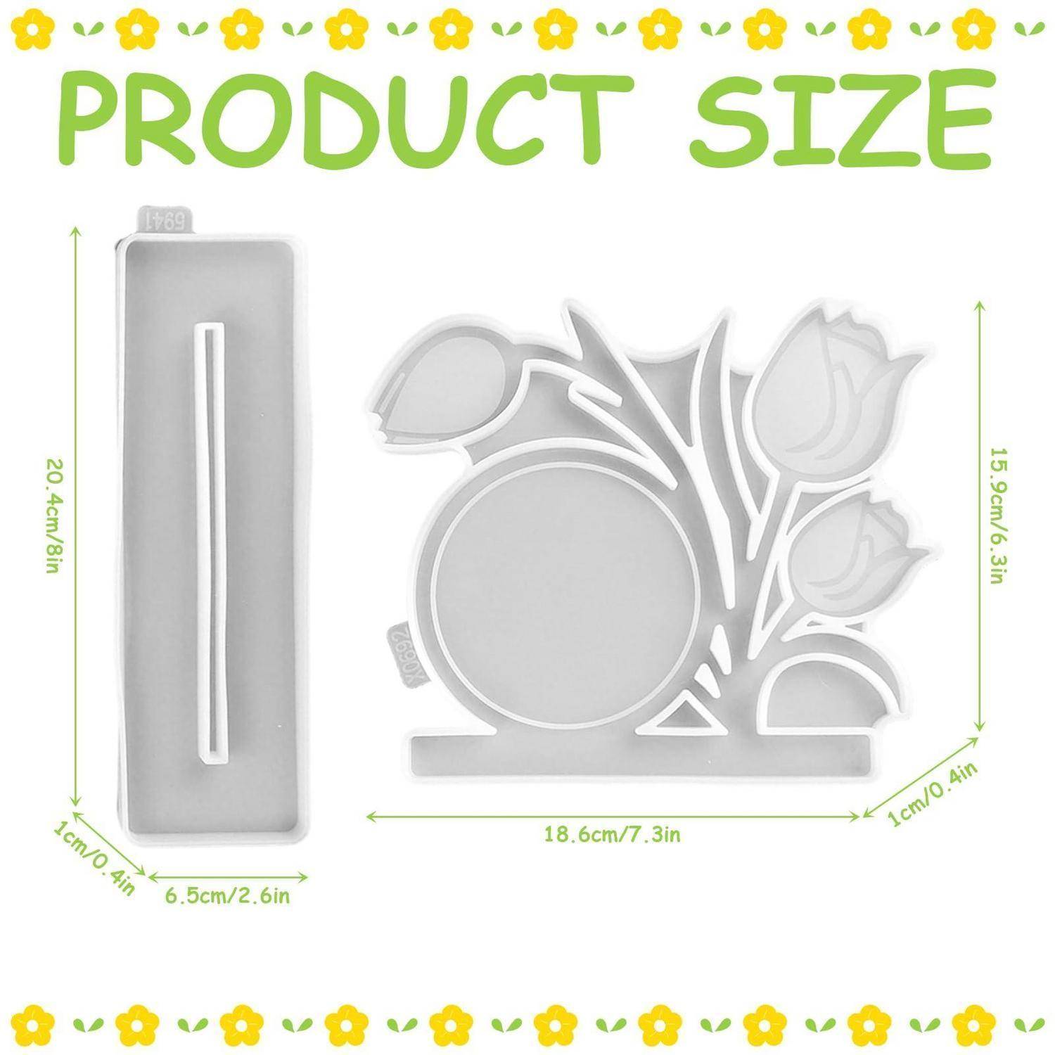 Größendiagramm des Produkts, das ein graues florales Wanddekor und seine Verpackung zeigt, mit Abmessungen in cm und Zoll gekennzeichnet.