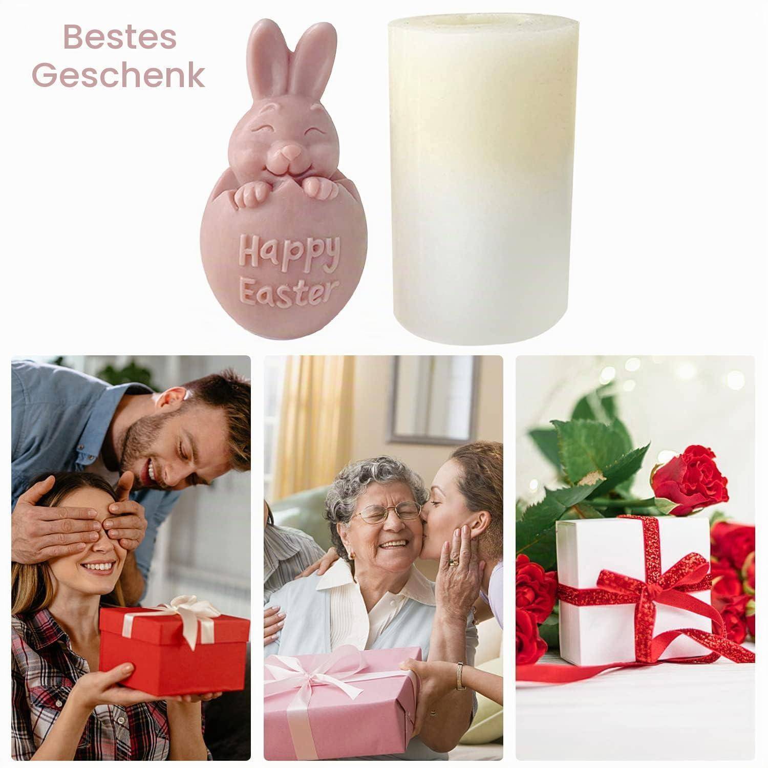 Promotional-Collage mit einer „Bestes Geschenk"-Osterkerze und einem Hasengeschenk sowie drei Fotos zum Thema Schenken mit verpackten Geschenken und Rosen.