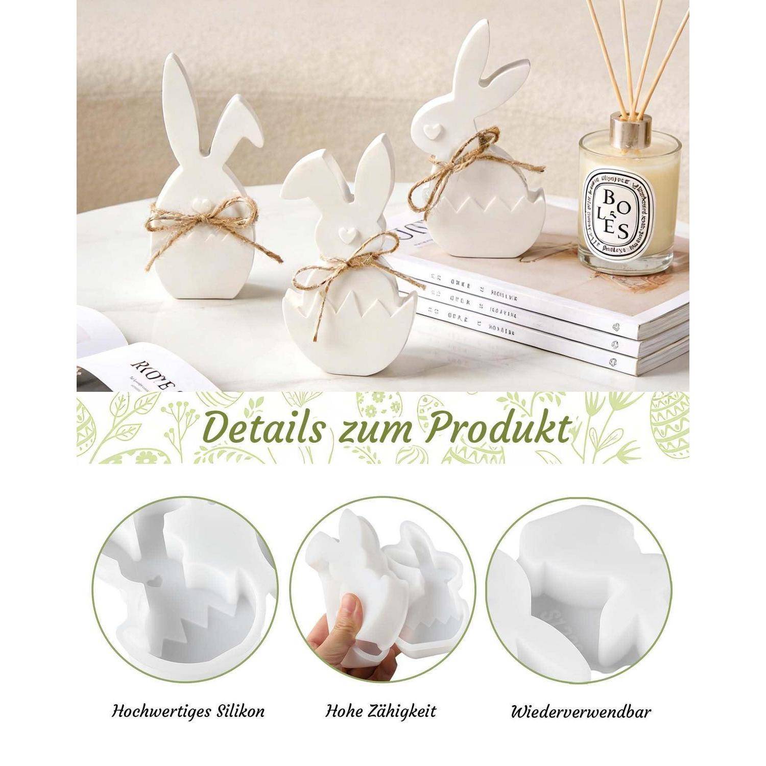3 Stück Silikonform Ostern Hase Gießform für Gips Wachs Epoxidharz