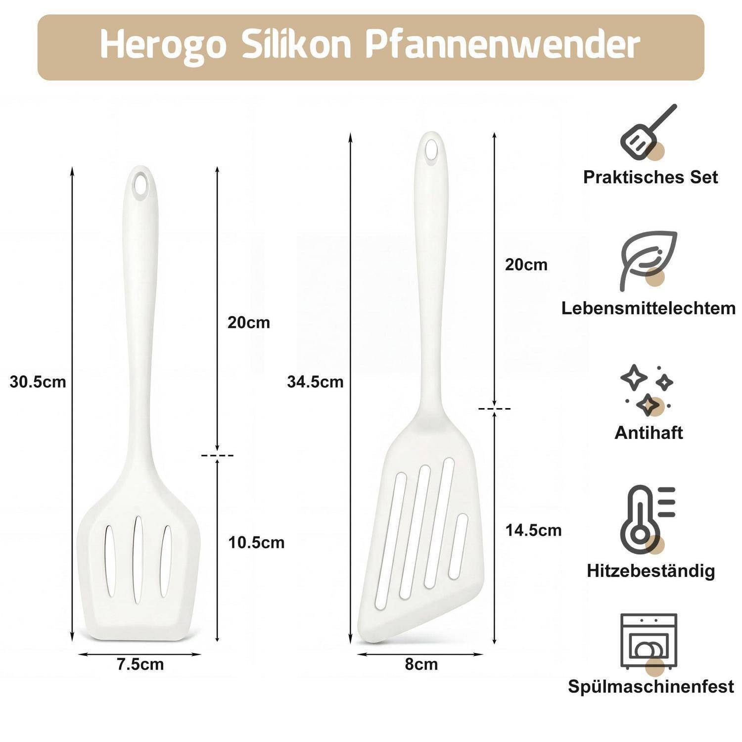 Pfannenwender Set 2tlg. Silikon Weiß Hitzebeständig bis 230°C Spülmaschinenfest