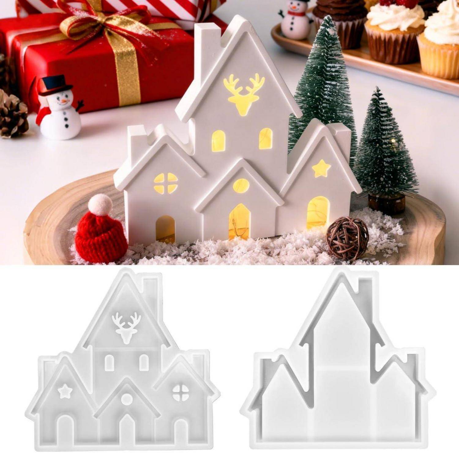 Weihnachtliches hausförmiges LED-Dekorationslicht, das auf einer Tischplatte mit Winterdekoration beleuchtet gezeigt wird, sowie Vorder- und Rückansichten der Silikonform.