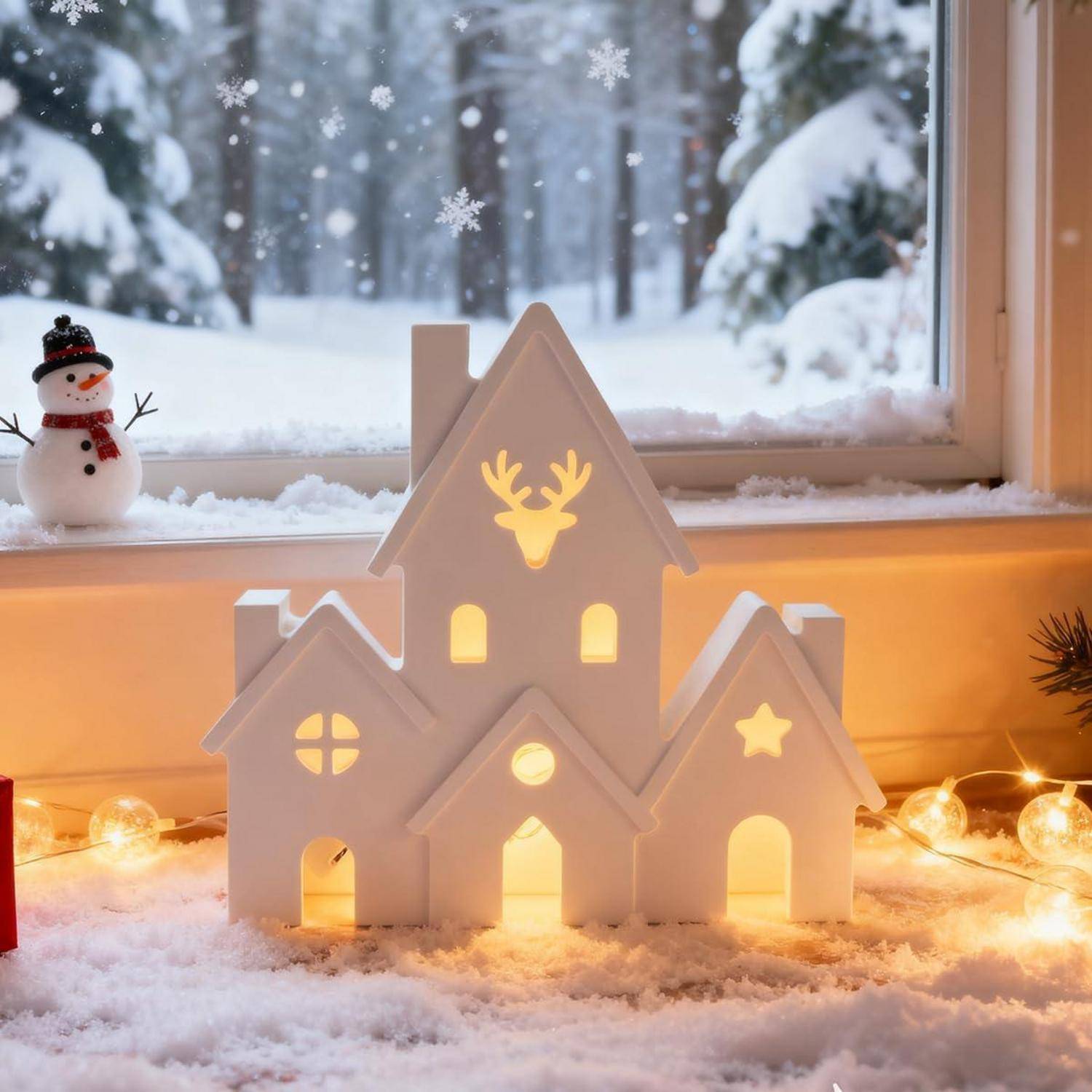 Leuchtende weiße Weihnachtsdorf-Hausdekoration mit Reh- und Stern-Ausschnitten auf einer verschneiten Fensterbank, Schneemann außerhalb eines Winterfensters.