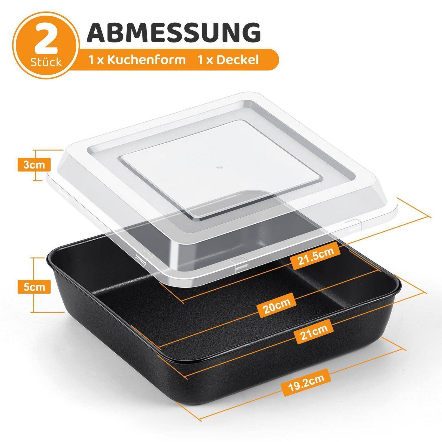 Produktdiagramm einer quadratischen Backform mit Deckel, gekennzeichnet mit „2 Stück" und „ABMESSUNG"", mit Abmessungen: 21,5 cm, 21 cm, 20 cm, 19,2 cm, 5 cm und 3 cm.