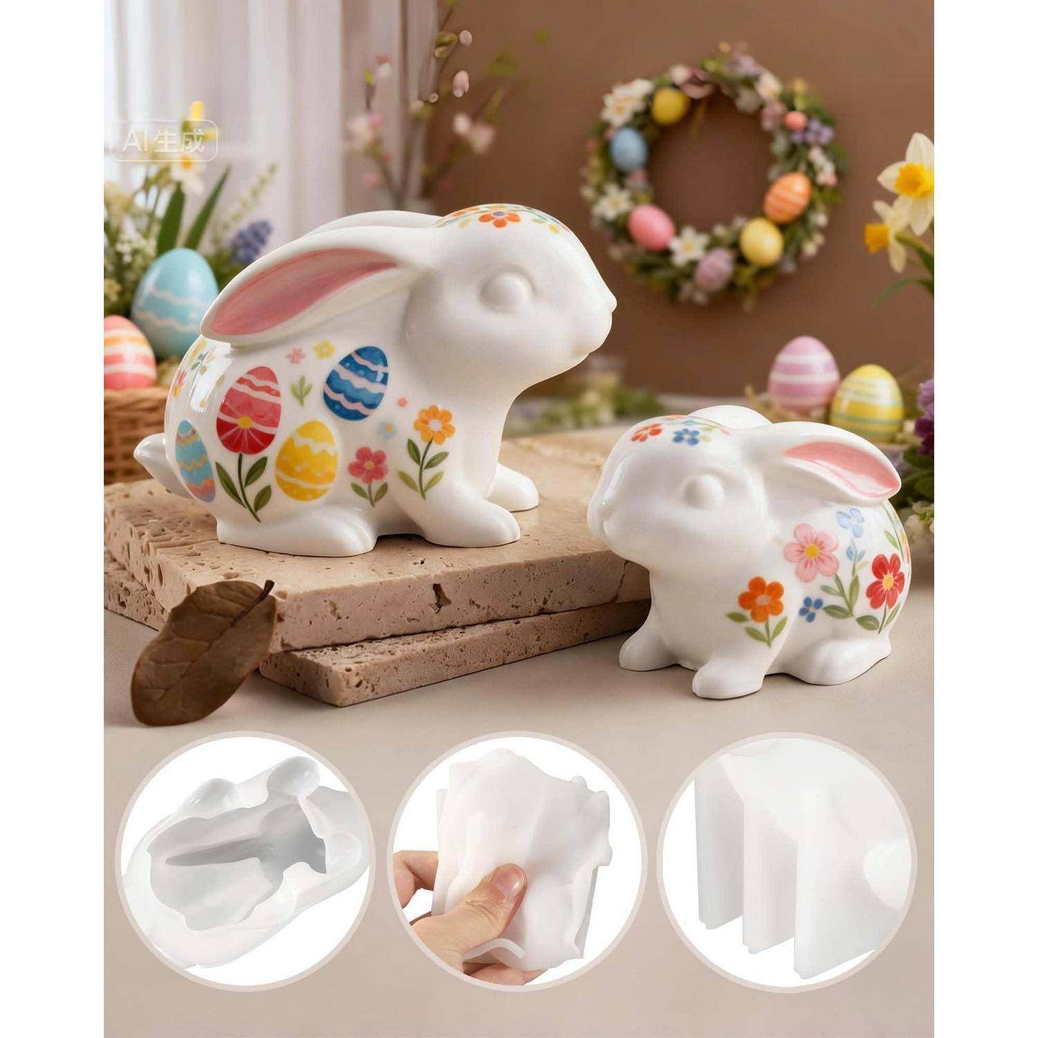 Dekorative Keramik-Hasenfiguren mit bemalten Ostereiern und Blumen, gezeigt mit kreisförmigen Vergrößerungen, die die Form- und Oberflächenfinish-Details hervorheben.