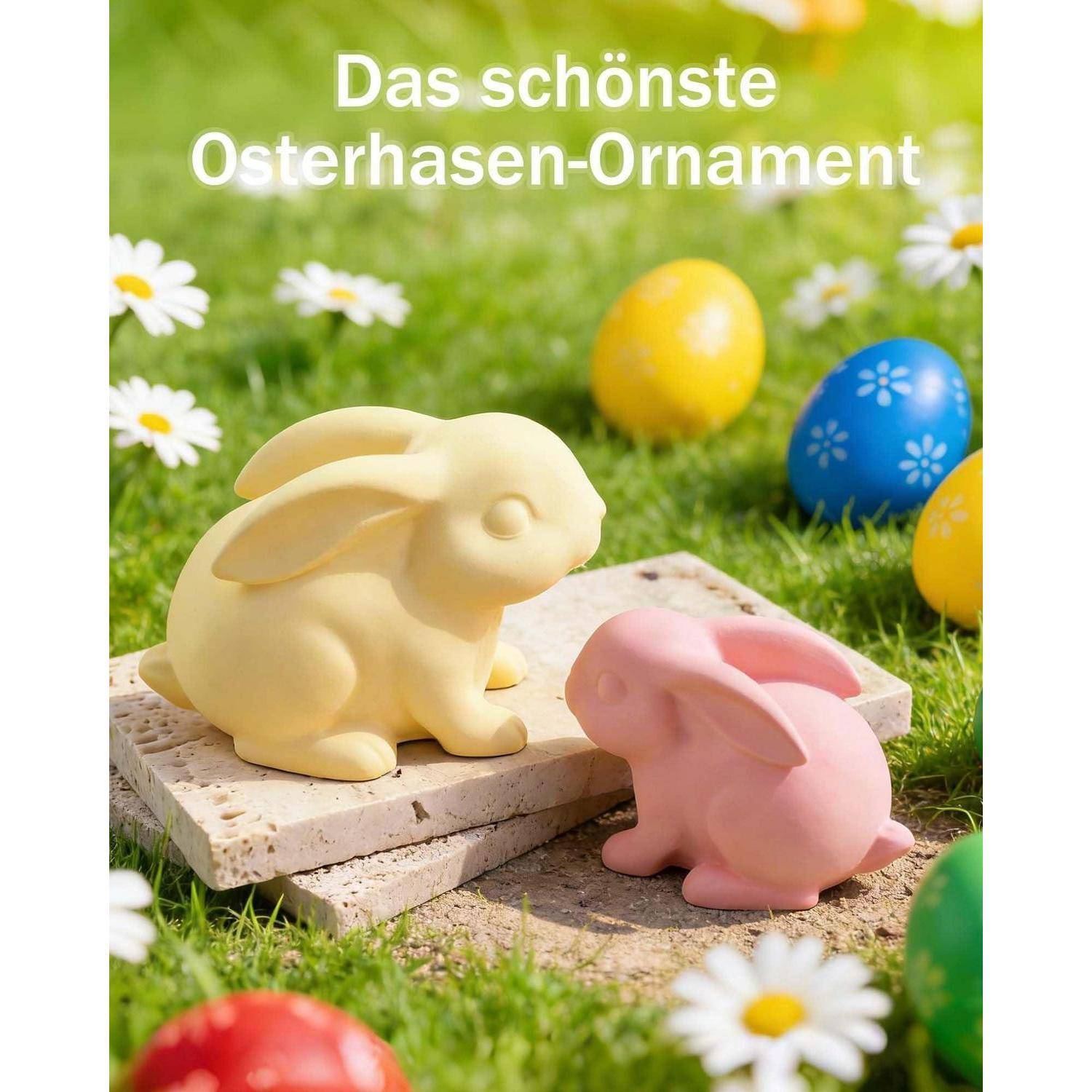 Pastell-Osterhasen-Figuren auf Steinplatten im Gras mit bemalten Eiern, Gänseblümchen und dem deutschen Text „Das schönste Osterhasen-Ornament".