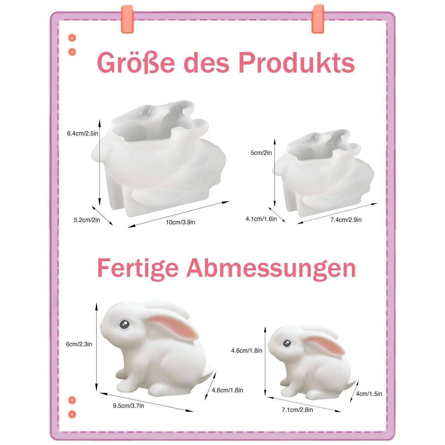 # Größen- und Fertigmaßdiagramm für ein kaninchenförmiges Objekt, das zwei Größenvariationen mit Maßen in cm und Zoll zeigt.