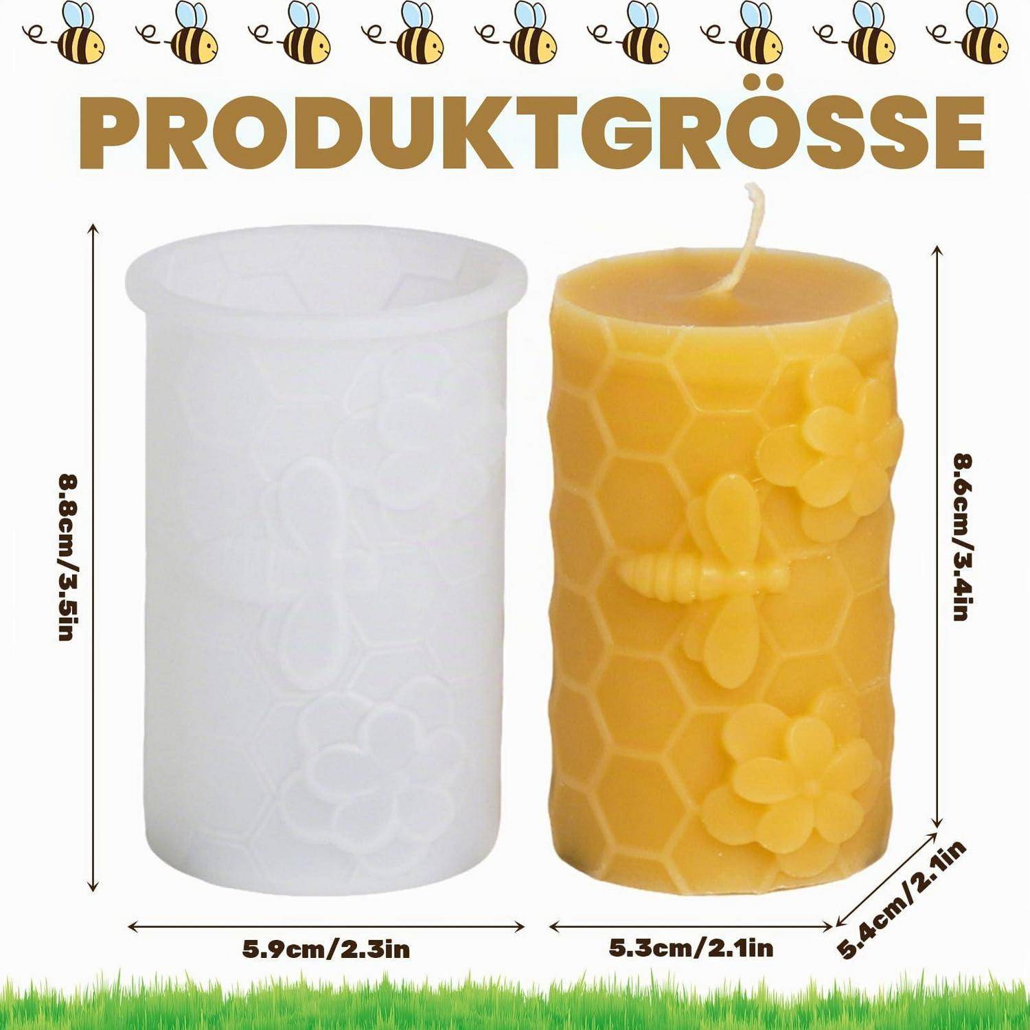 Produktgrößen-Grafik, die eine weiße zylindrische Form und eine gelbe bienenthematische Kerze zeigt, jeweils etwa 8,8 cm groß mit beschrifteten Breiten- und Tiefenmaßen.