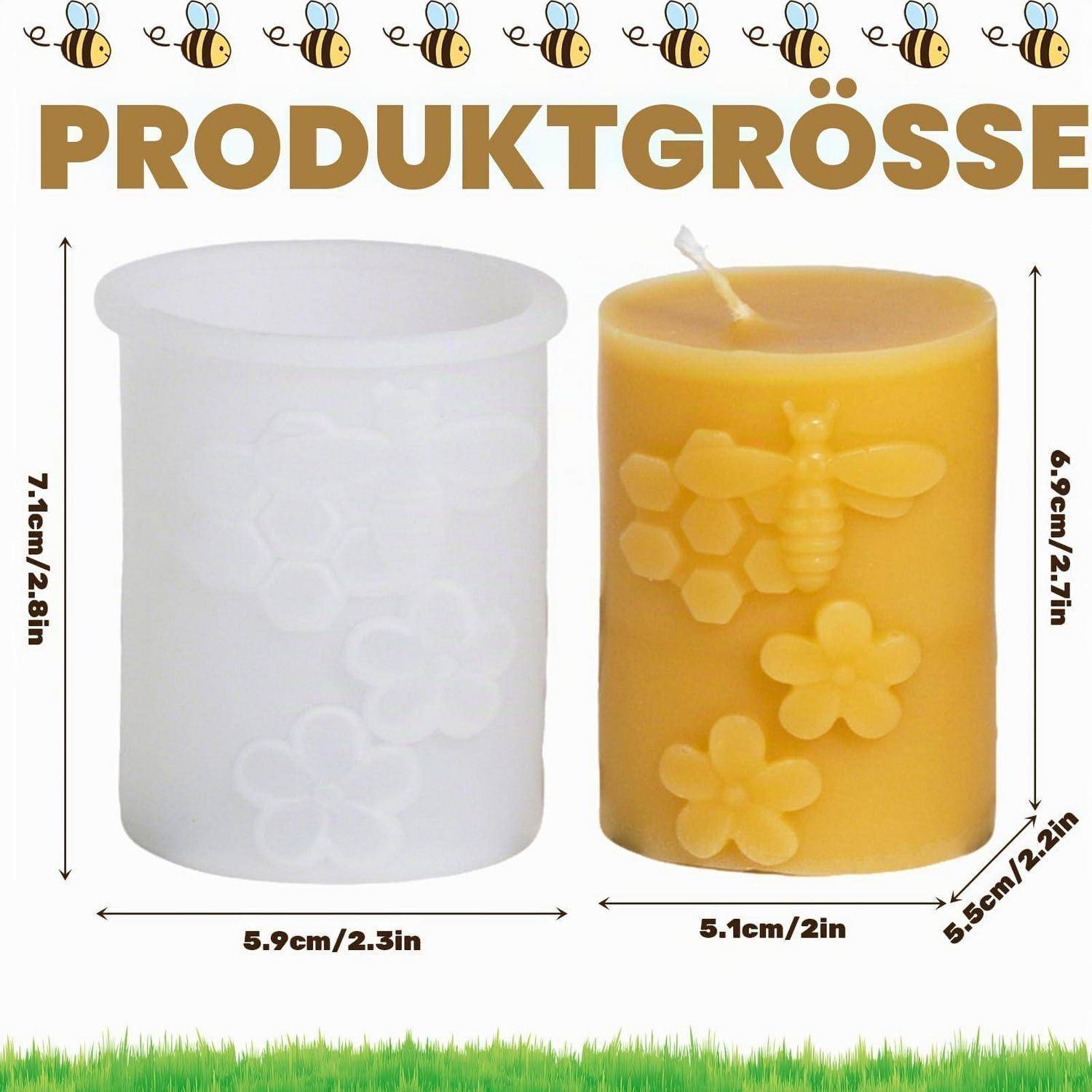 Produktgrößenvergleich von zwei zylindrischen Kerzen: weiße Kerze 7,1 cm hoch, 5,9 cm breit; gelbe Kerze mit Bienenmotiv 6,9 cm hoch, 5,1 cm breit.