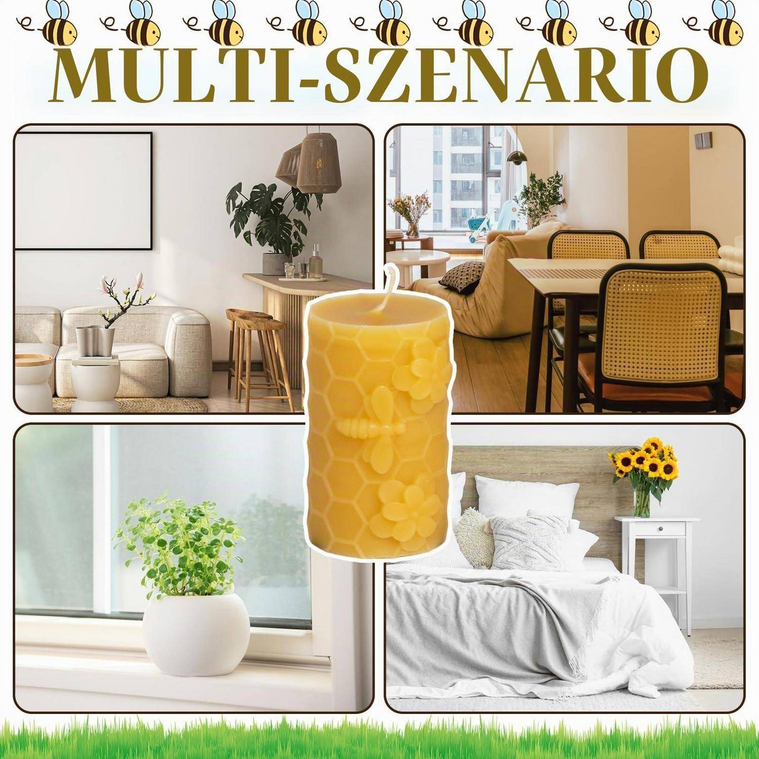 Collage mit Honigwaben-Kerzenprodukt in vier Wohnszenen: Wohnzimmer, Esszimmer, Fensterbank und Schlafzimmer.