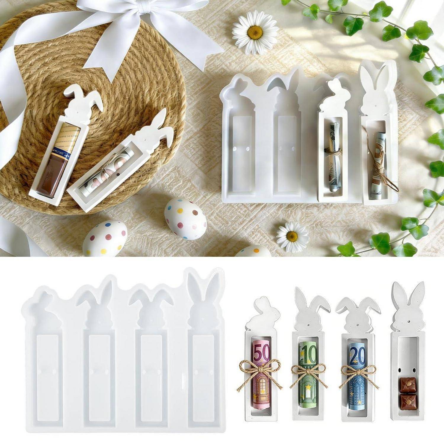 Ostergeschenkbox-Set in Hasenform mit transparenten Fenstern und kleinen eingewickelten Süßigkeiten, geöffnet und montiert in weißem Kunststoff und mattierten Behältern.