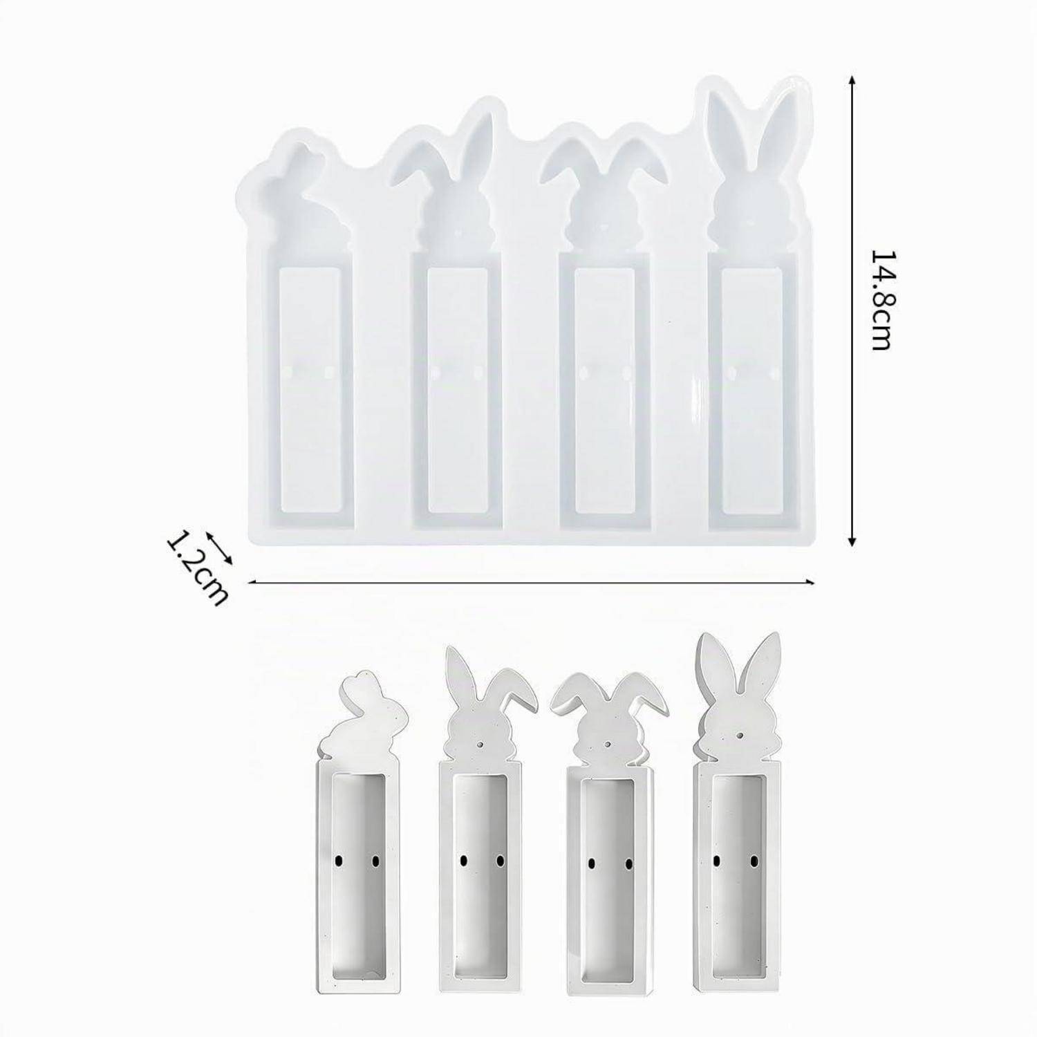 Weiße Silikonform in Kaninchenform für vier schlanke rechteckige Halter, gezeigt mit Abmessungen von 14,8 cm Höhe und 1,2 cm Breite.