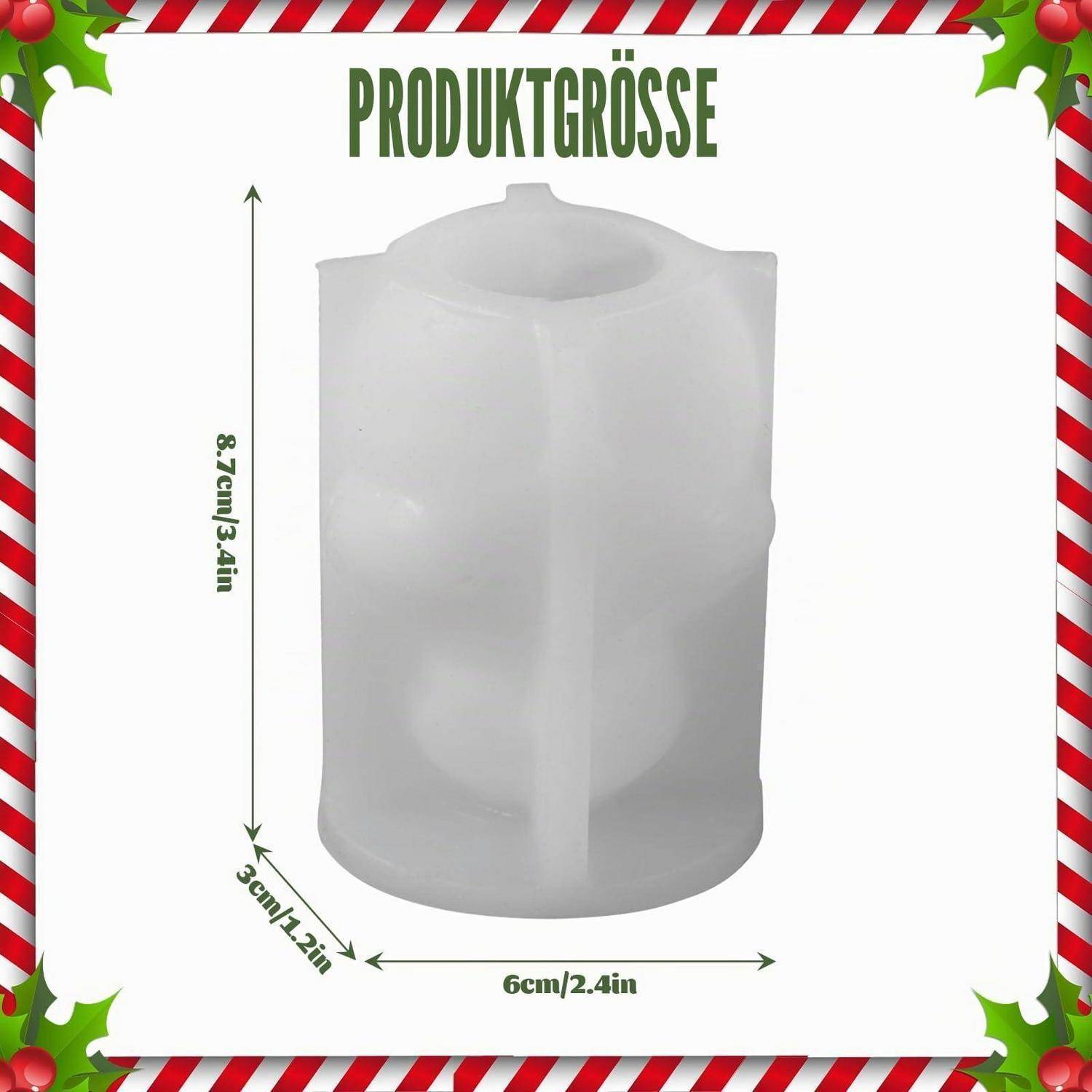Produktgrößen-Diagramm zeigt einen zylindrischen Behälter mit einer Höhe von 8,7 cm, einer Breite von 6 cm und einer Tiefe von 3 cm, beschriftet mit „PRODUKTGRÖSSE".