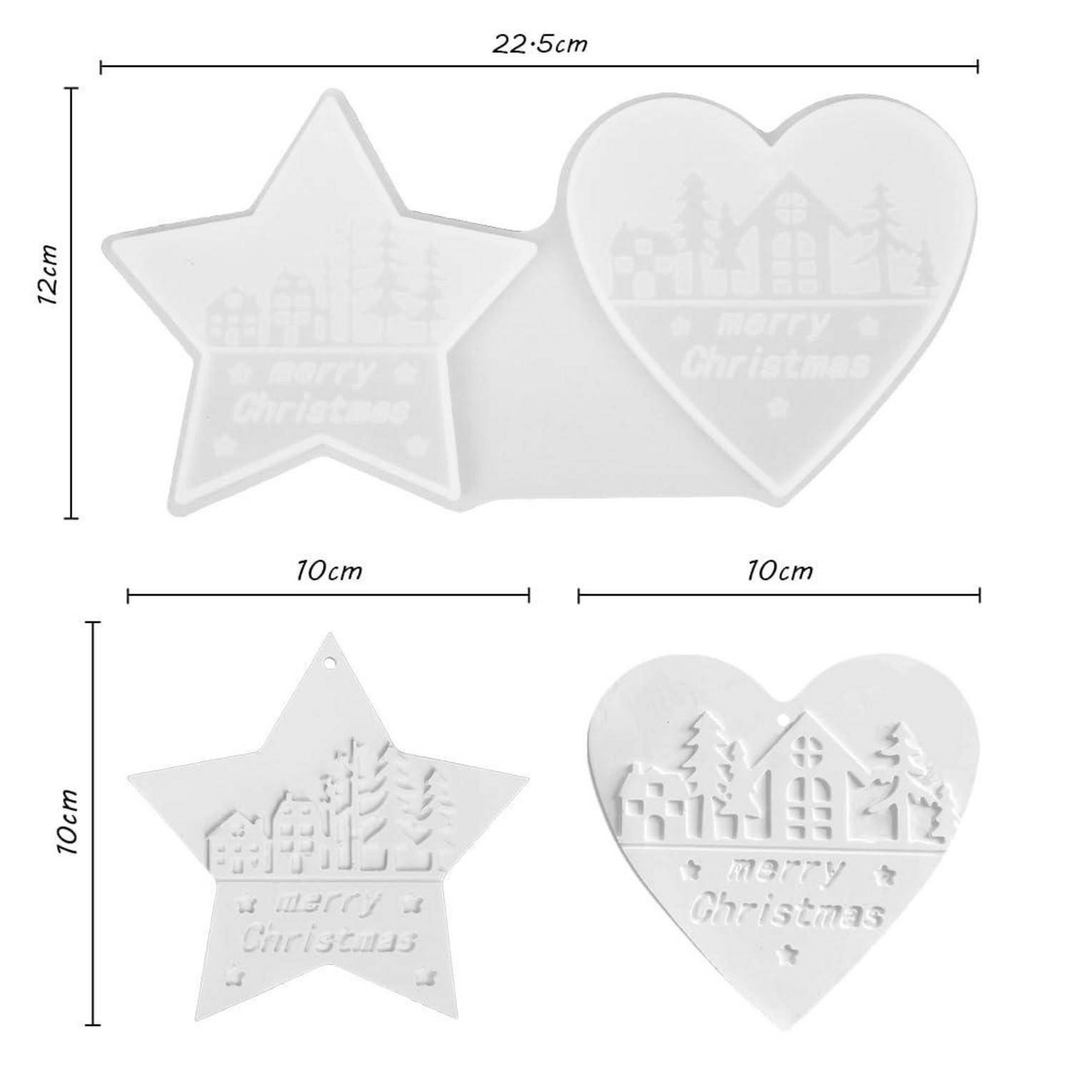 Set aus zwei hängenden Weihnachtsdekoration in Stern- und Herzform, gezeigt mit Größenangaben: 22,5 cm breit und 12 cm hoch für das verbundene Paar, und 10 cm mal 10 cm für jedes einzelne Ornament.