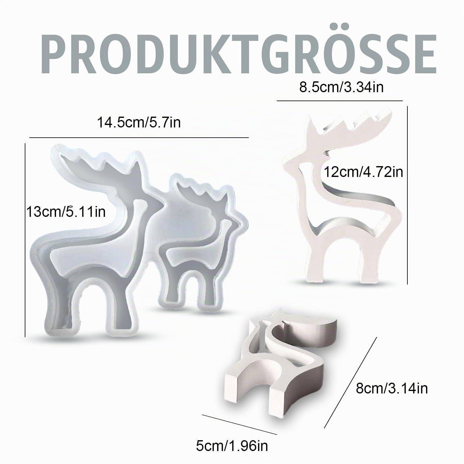 Produktgröße-Infografik mit einem hirschförmigen Dekorelement und seinen Abmessungen: 14,5 x 13 cm, 8,5 x 12 cm und 5 x 8 cm.