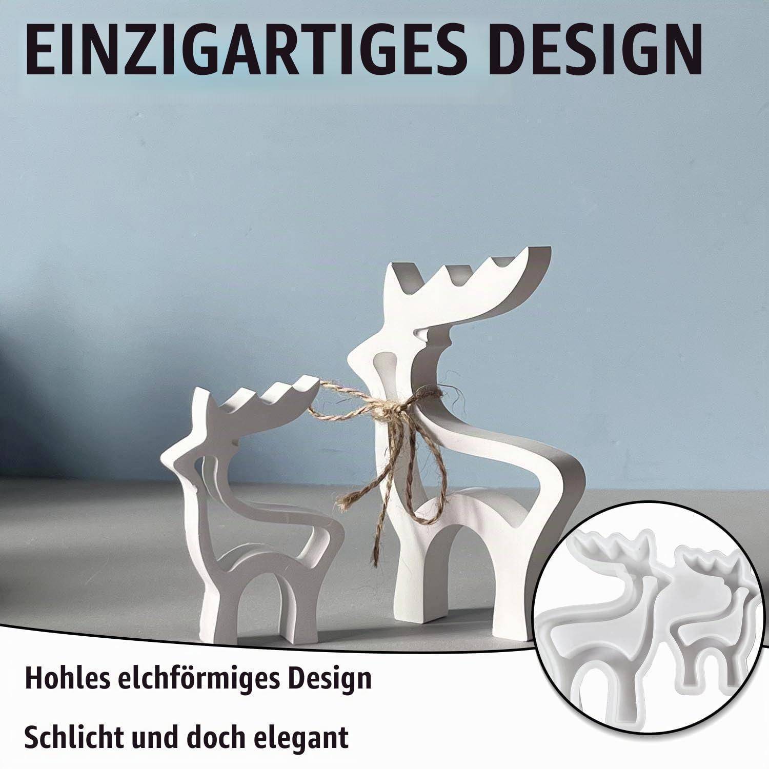Hohles elchförmiges Dekor: zwei verbundene weiße Ausschnittfiguren mit Schnur gebunden, betitelt 'EINZIGARTIGES DESIGN' und 'Hohles elchförmiges Design'.