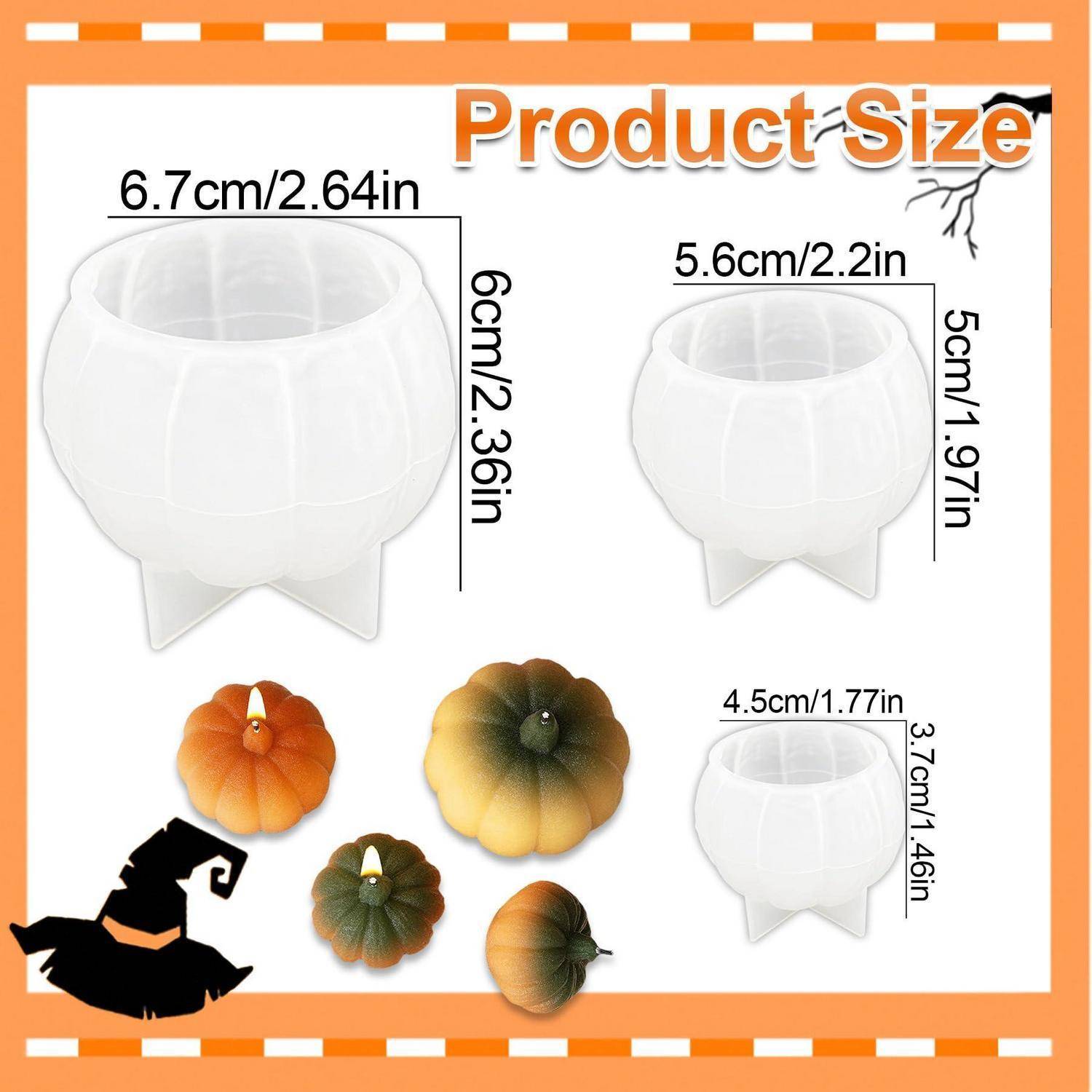 Produktgrößentabelle zeigt drei weiße kürbisförmige Pflanztöpfe in verschiedenen Größen, beschriftet mit 6,7 cm x 6 cm, 5,6 cm x 5 cm und 4,5 cm x 3,7 cm.