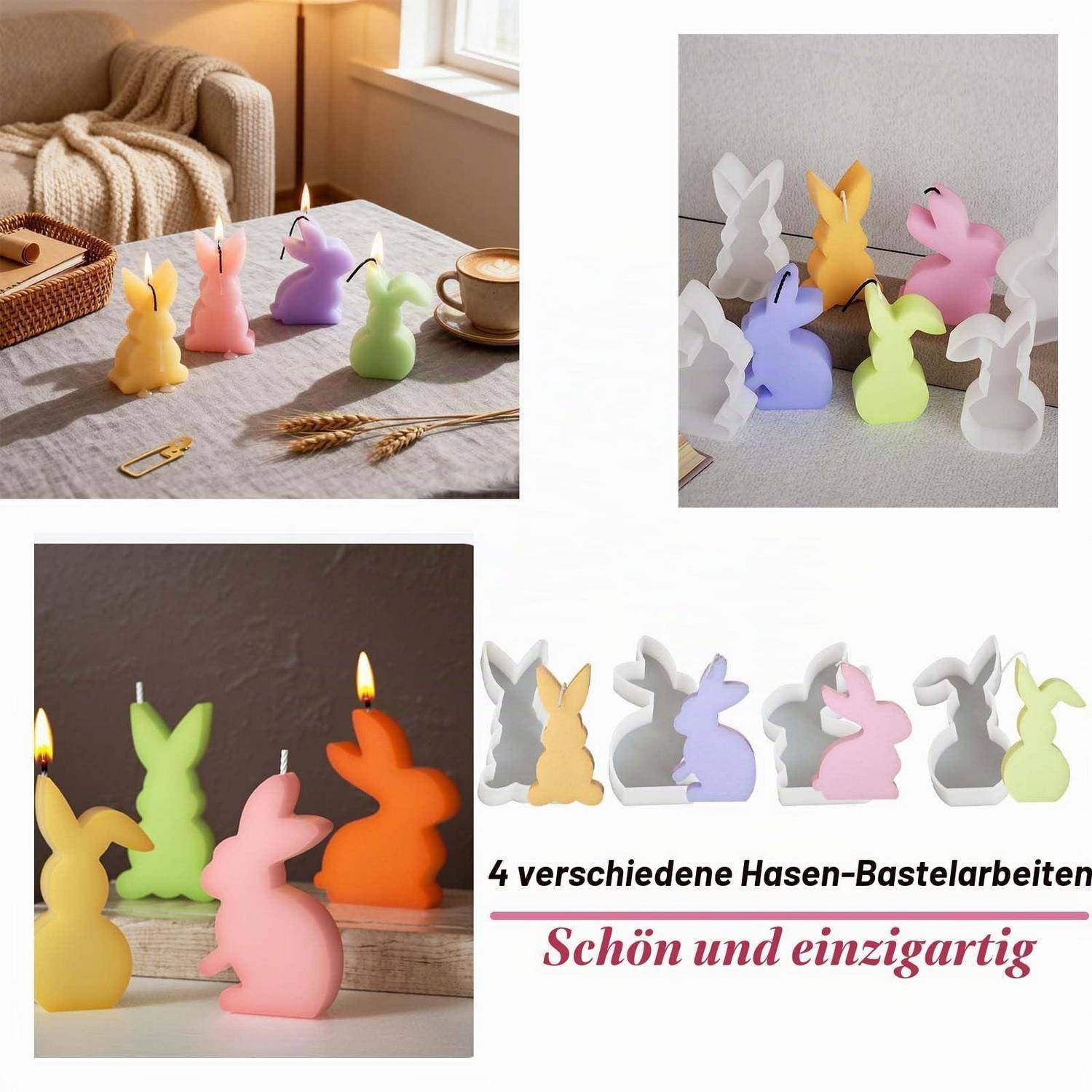 Collage aus farbenfrohen kaninchenförmigen Kerzen oder Bastelfedern in Pastell- und kräftigen Farben, mit deutschem Text „4 verschiedene Hasen-Bastelarbeiten