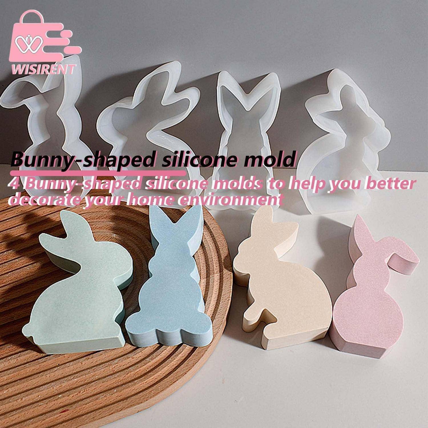 Silikon-Backform in Hasenform mit vier Hasen-Silhouetten-Formen in Pastellfarben und einem Produktetikett, das die Verwendung zur Heimdekoration beschreibt.