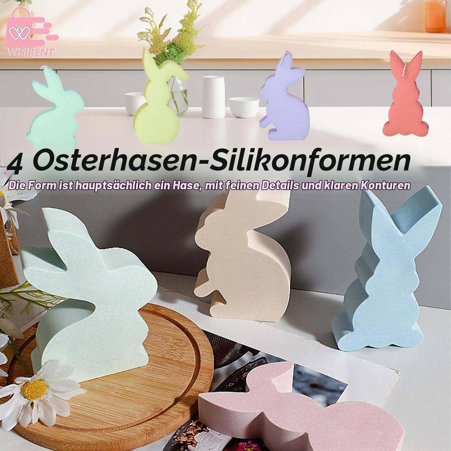 Promotionsbild von vier Osterhasen-Silikonformen in Pastellfarben, mit deutschem Text „4 Osterhasen-Silikonformen