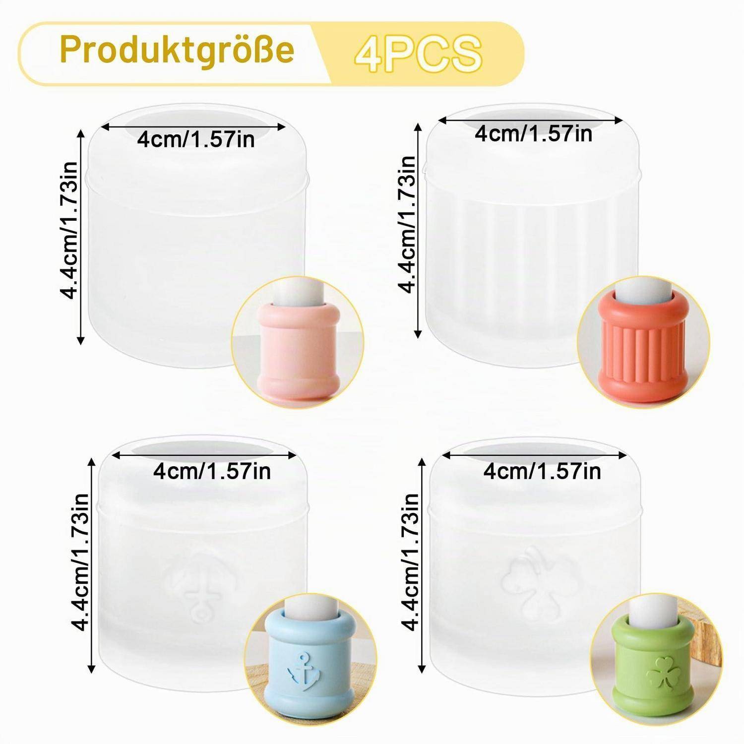 Produktgrößentabelle mit der Bezeichnung „Produktgröße 4PCS" zeigt vier Silikonabdeckungen, jede 4 cm breit und 4,4 cm hoch, in Rosa, Orange, Blau und Grün.