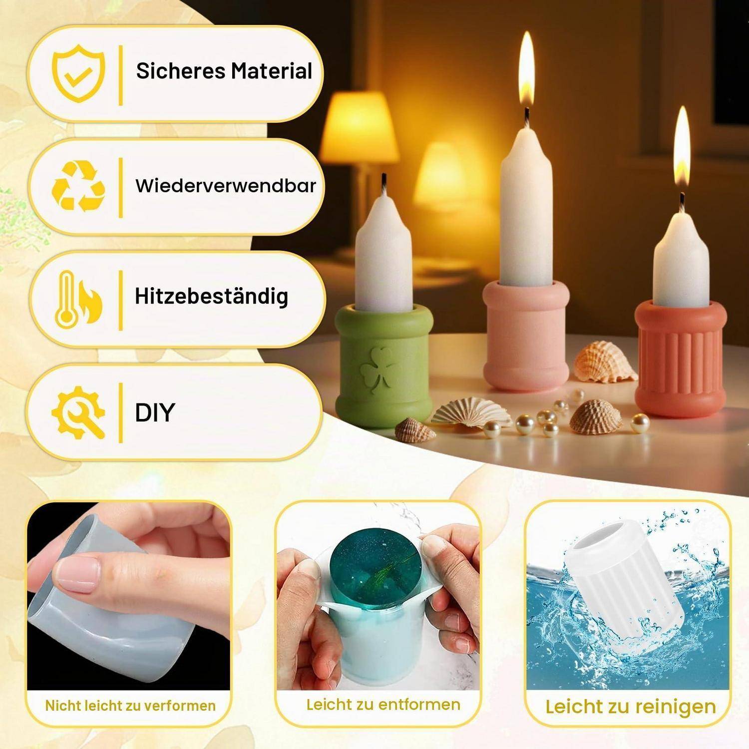 Werbebild von DIY-Kerzenhaltern mit deutschen Etiketten: „Sicheres Material", „Wiederverwendbar"", „Hitzebeständig"", „DIY"", sowie Fotos, die einfaches Entformen, Reinigung und Verformungsbeständigkeit zeigen.