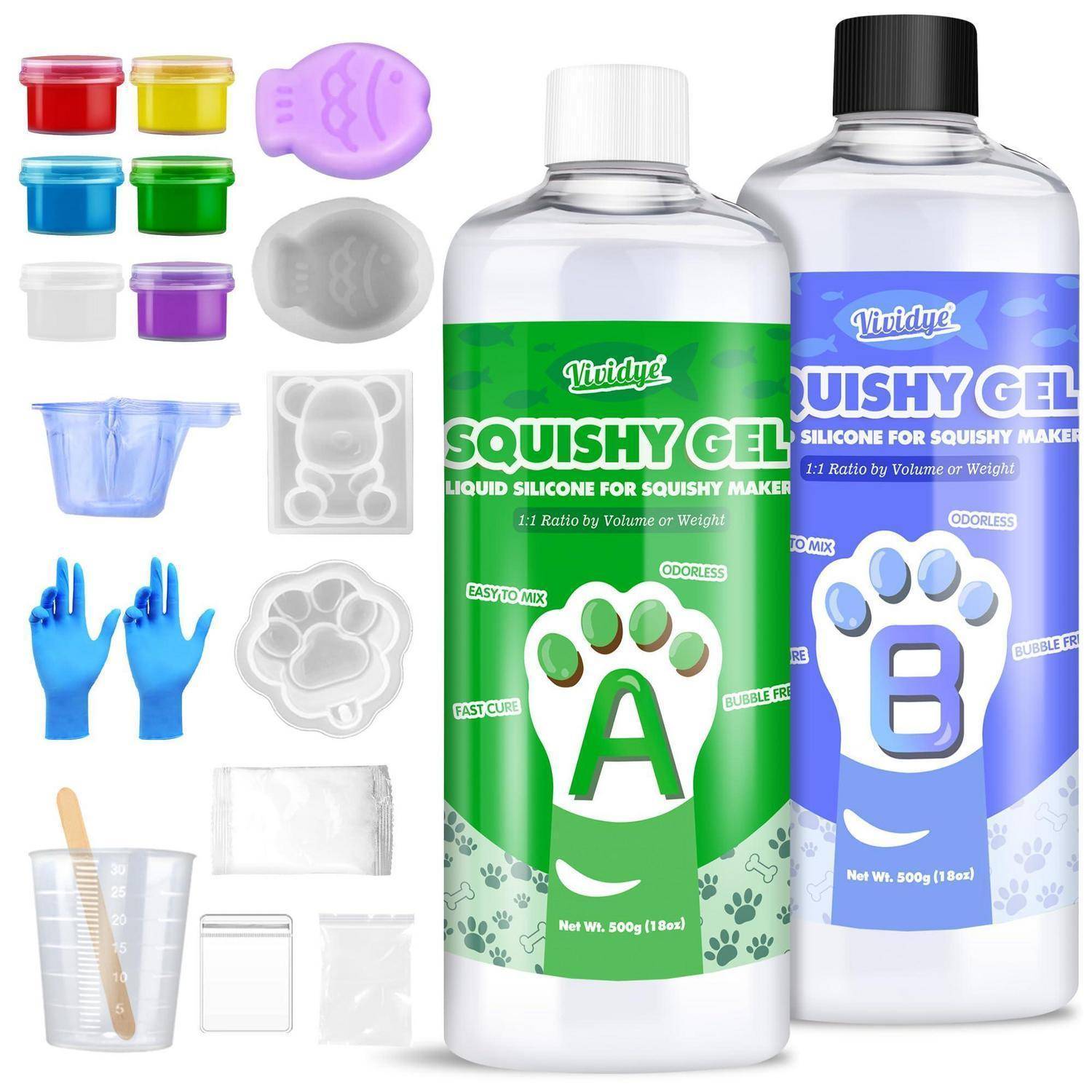 Zwei Flaschen Vividye Squishy Gel Silikon für Squishy-Maker, gekennzeichnet mit A grün und B blau, mit passenden Mischbechern, Formen und blauen Handschuhen.